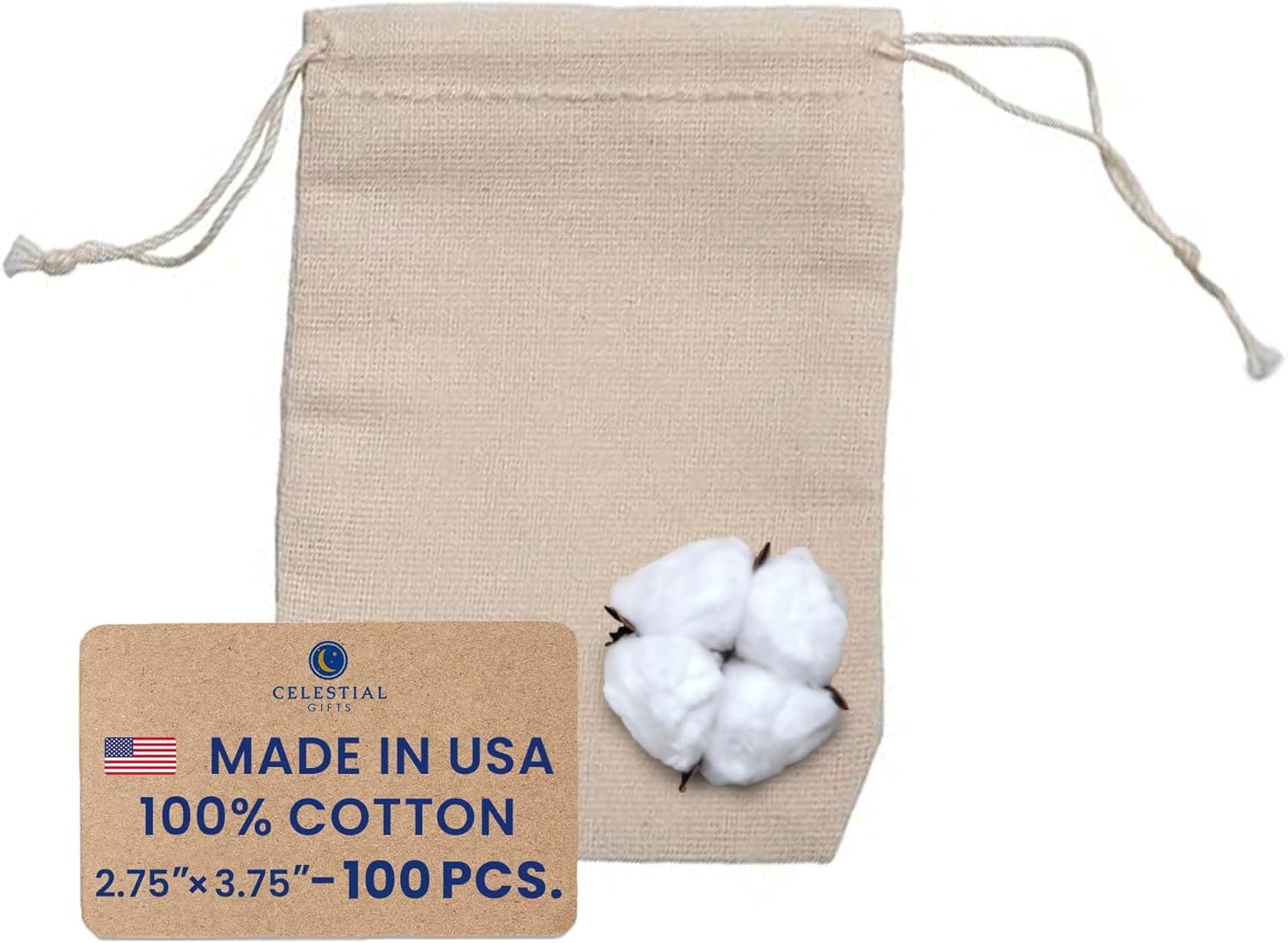 Celestial Gifts Muslin Bags - Small 100pcs, Drawstring & Reusable Tea Bags, Jewelry & Spice Gift Sachets - 100% Cotton - Made in USA
