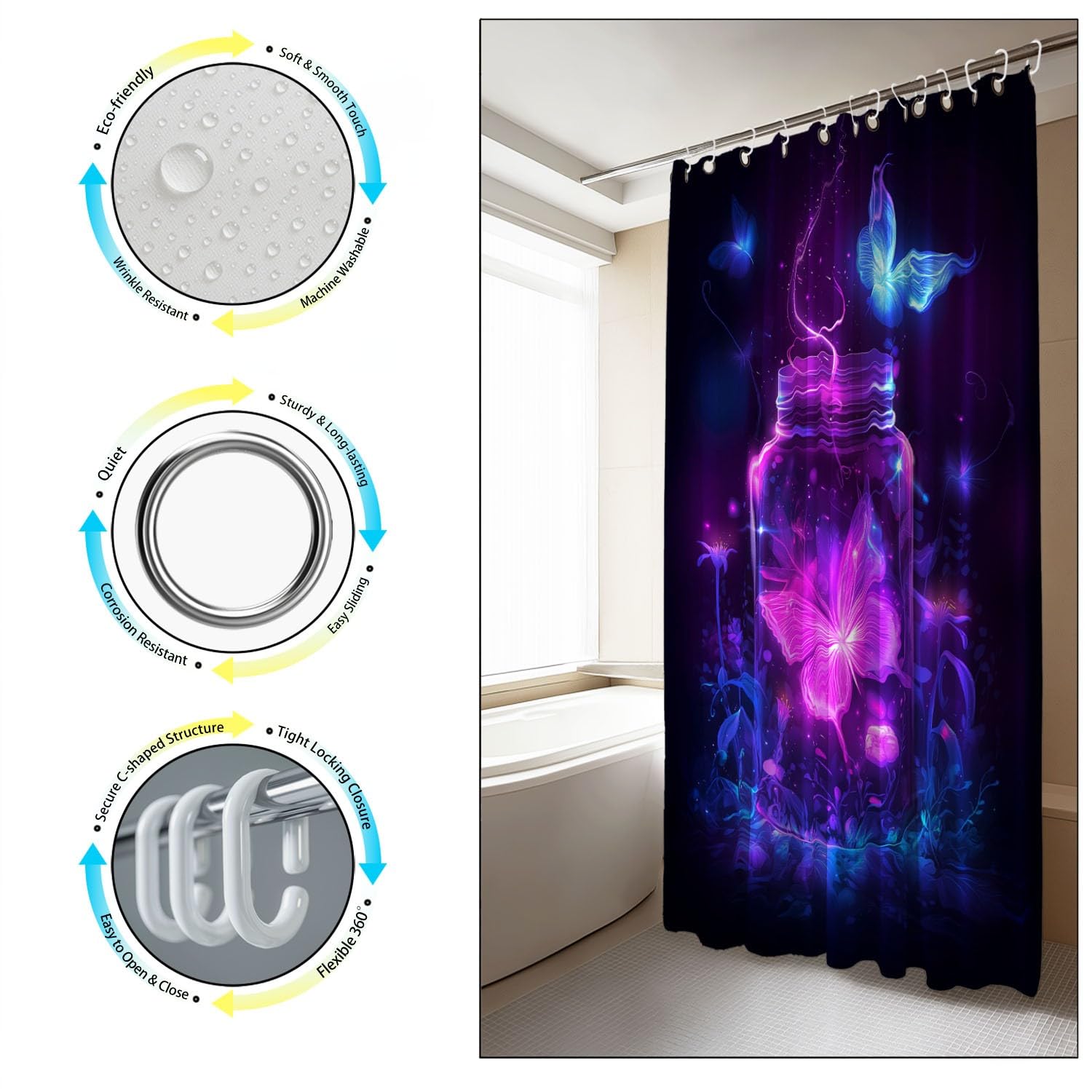 Fantasie Wonderland - Tenda da doccia con farfalle, 240 x 200 cm, impermeabile, resistente alla muffa, in microfibra, con occhielli e ganci, colore nero