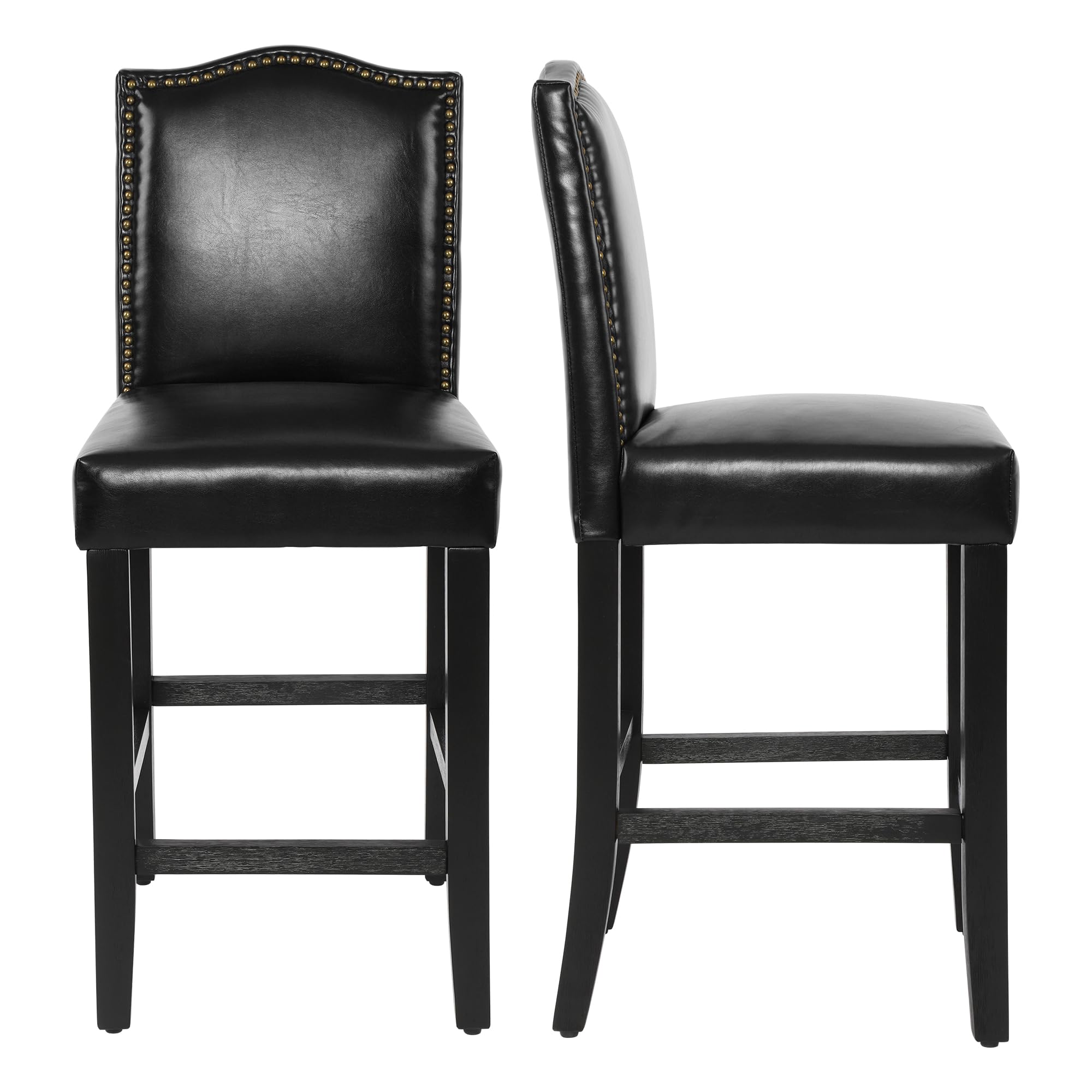 LSSPAID Counter Height Bar Stools Set of 2, 24.8 Inch Pu Upholstered Barstools, Kitchen Island Chairs with Bronze Nail Backrest and Solid Wood Legs