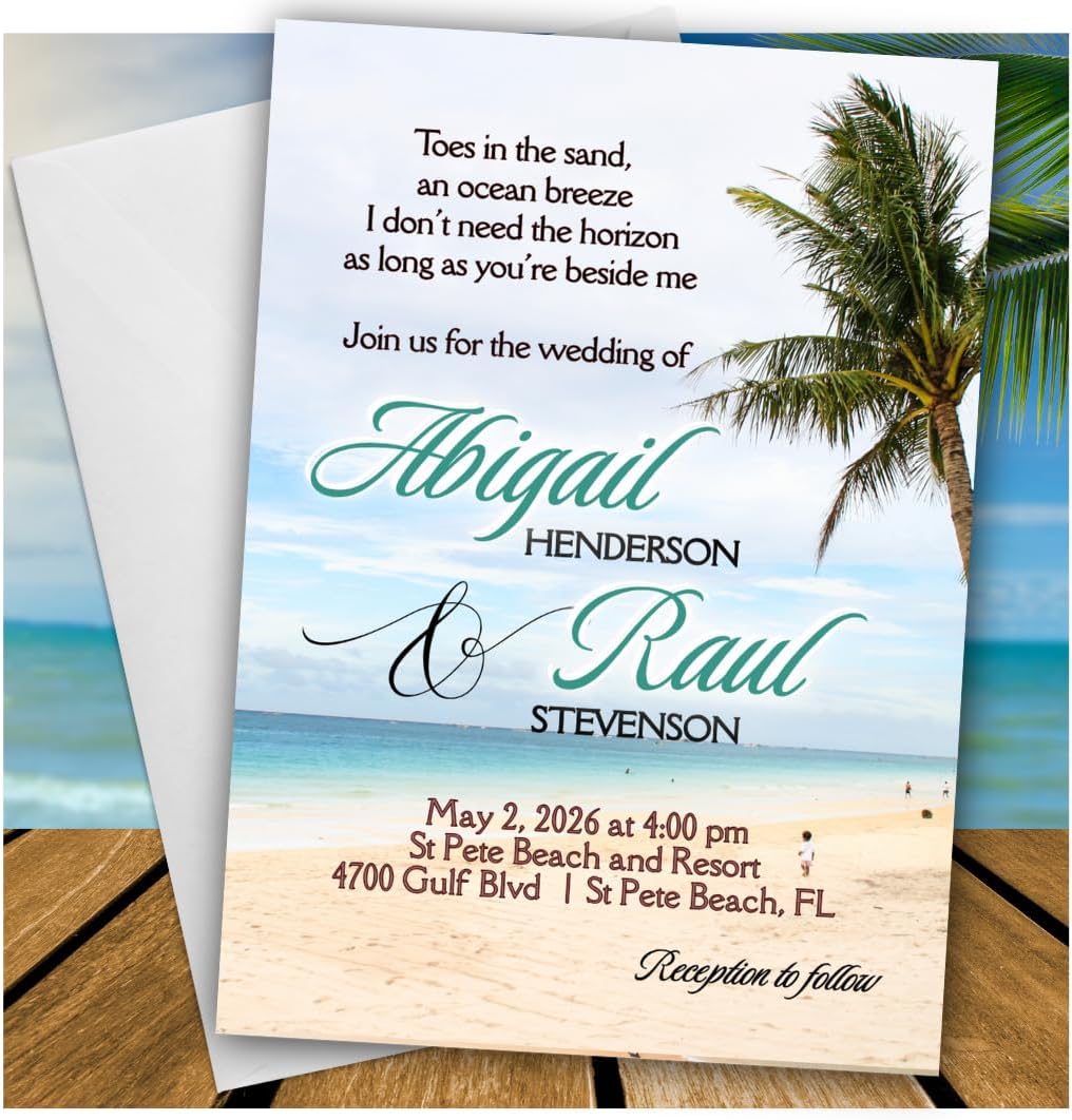 Palm Tree Wedding or Anniversary Personalized Invitations With Envelopes Set of 15 Glossy Invitation Custom Cards