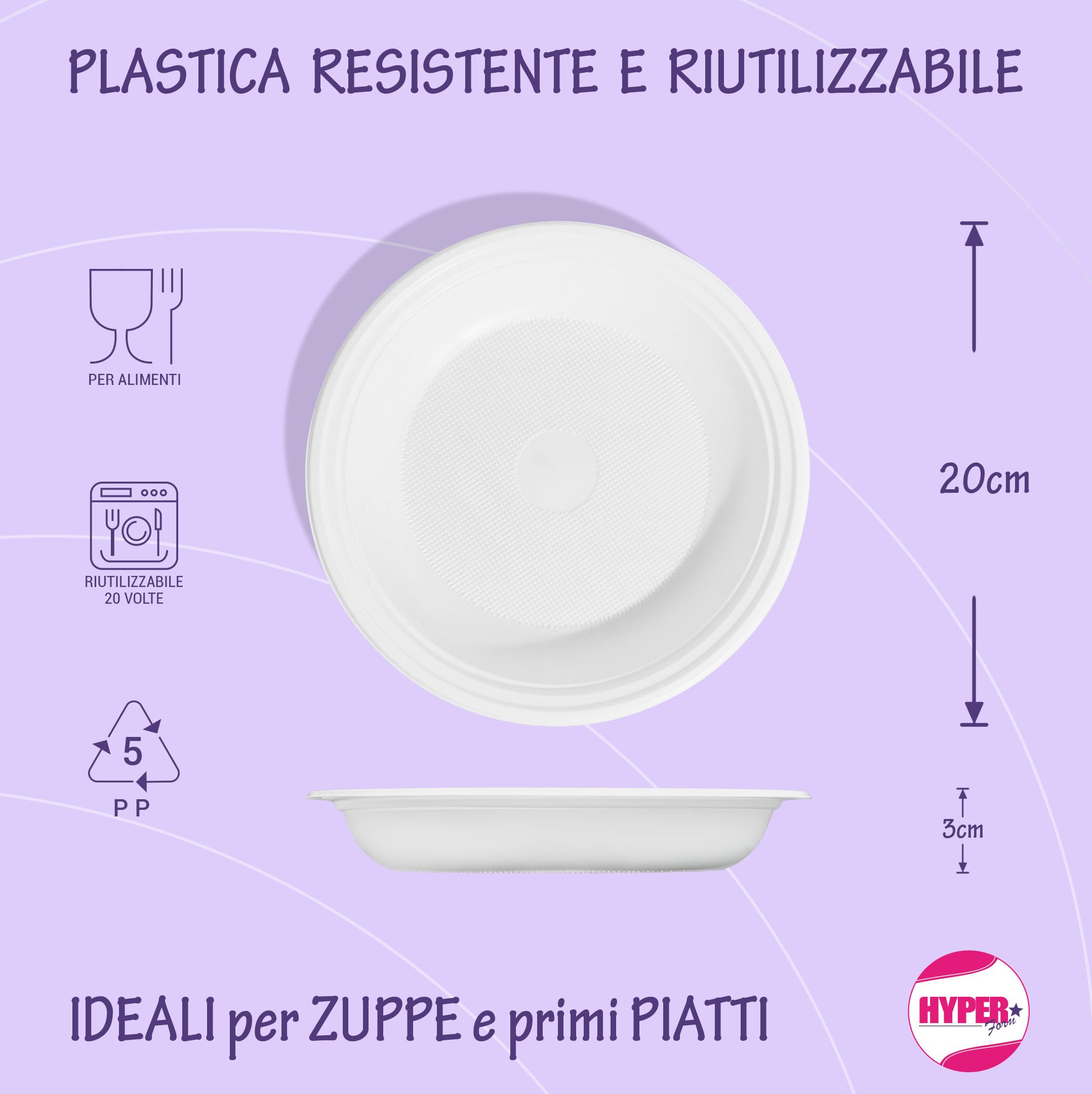 Hyper Form - 400 Piatti Fondi di Plastica Riutilizzabile Rigida, Lavabili 20 Cicli in Lavastoviglie