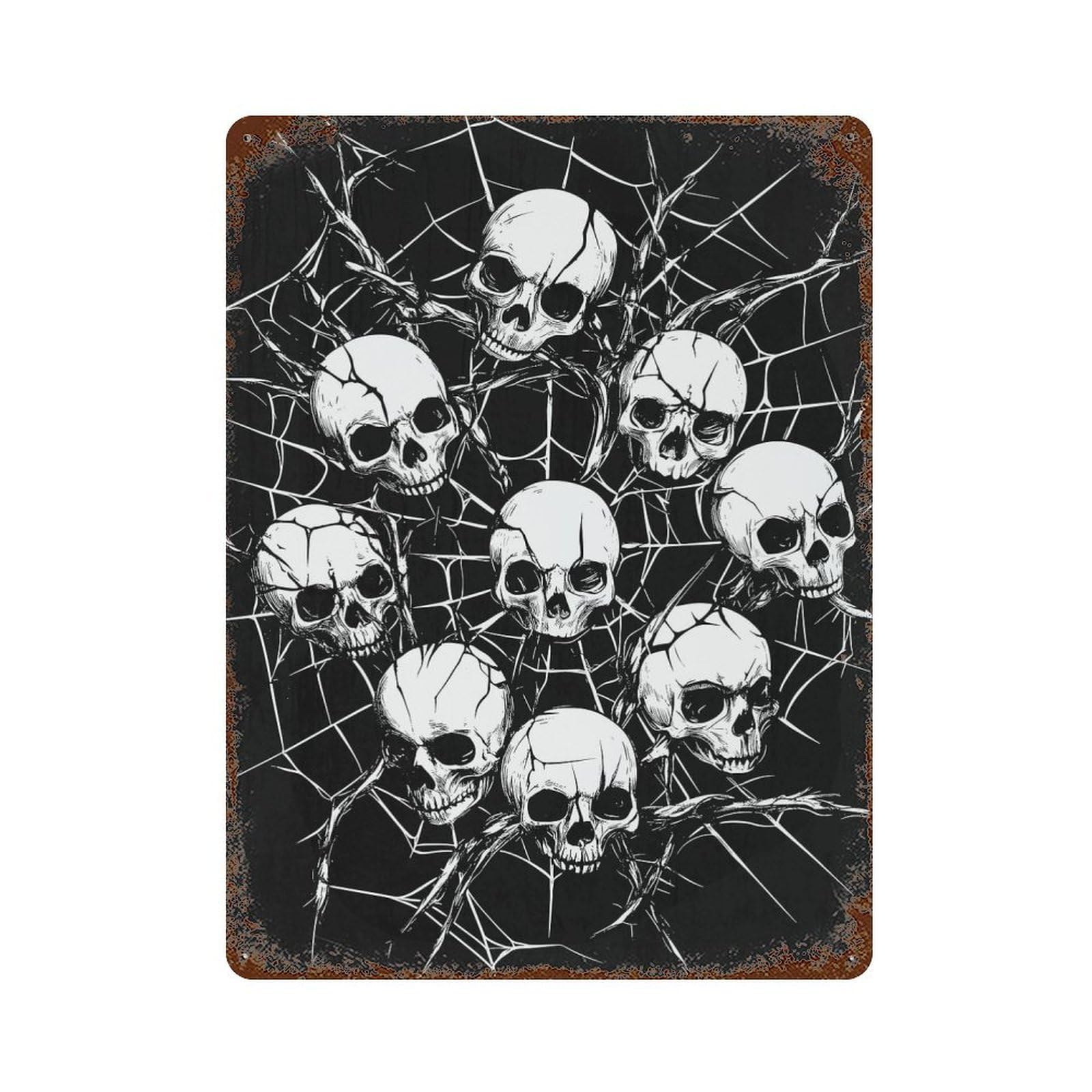 Skulls in Spiderweb Rusty Metal Tin Sign 15.7"x11.8", for Living Room, Hallway And Home Decor, Old School Wall Decor