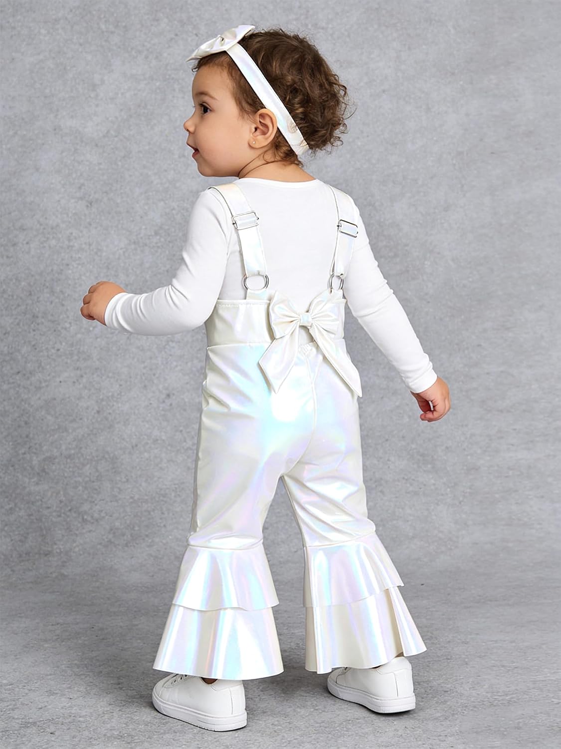 Baby Girls Shiny Metallic Bib Overalls Bell-Bottom Pants Coveralls Jumpsuit Festive Clothing Ivory 3-4 Years