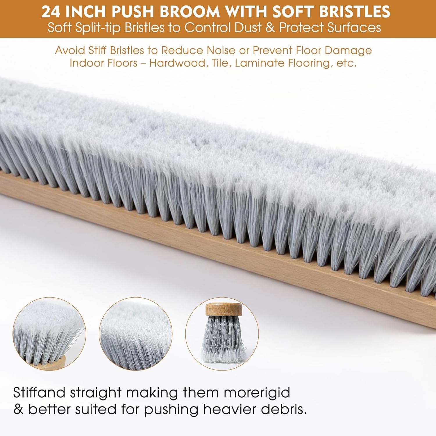 24-Inch Push Broom Set for Indoor & Outdoor Cleaning, Heavy Duty Sweeping Brooms with 61-Inch Solid Wood Handle, Soft & Stiff Bristle Combo for Garage, Shop, Patio & Home (2-Pack)