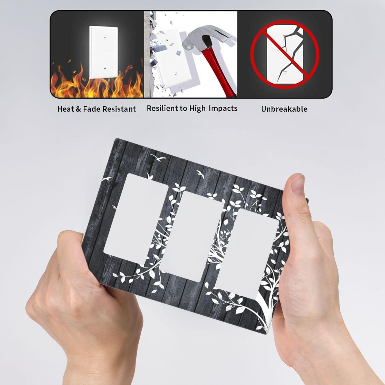 Rustic Tree Grey Wood Light Switch Cover Plate Decorative Farmhouse Gray Wooden Wall Plate 3 Gang Triple Rocker Switchpalte Electrical Faceplate for Kitchen Bedroom Bathroom 6.57" x 4.65"