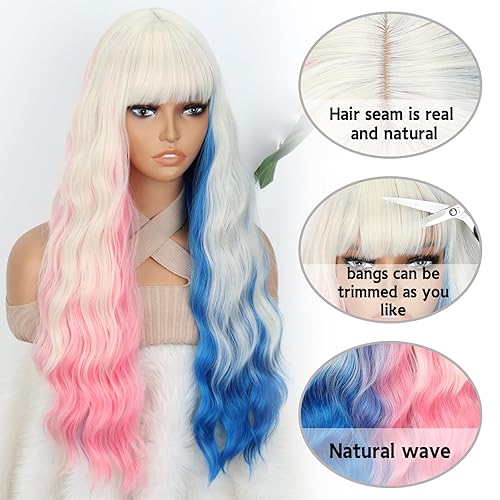Miniatura 3 de MERISIHAIR Peluca larga ondulada rosa y azul con flequillo, peluca ondulada rosa y azul para mujer, peluca sintética de aspecto natural para uso