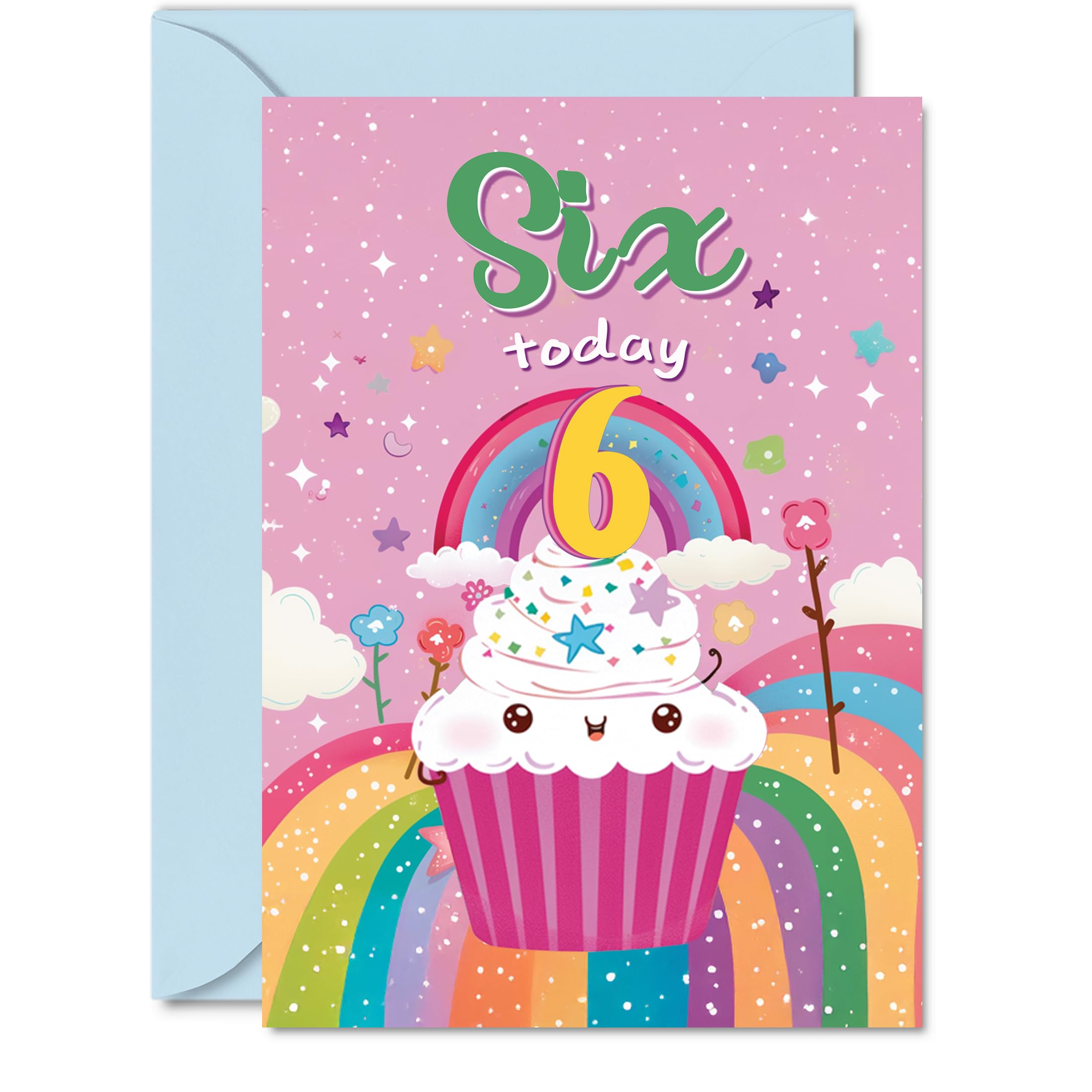 6th Birthday Card Girl - Cupcake Rainbow - Happy Birthday Card for 6 Year Old Girl, Age 6 Girls Cards, A5 Bday Greeting