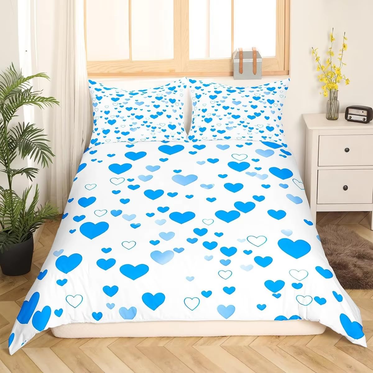 Housse de couette cœur bleu parure de lit 260x240 cm en microfibre douce style moderne