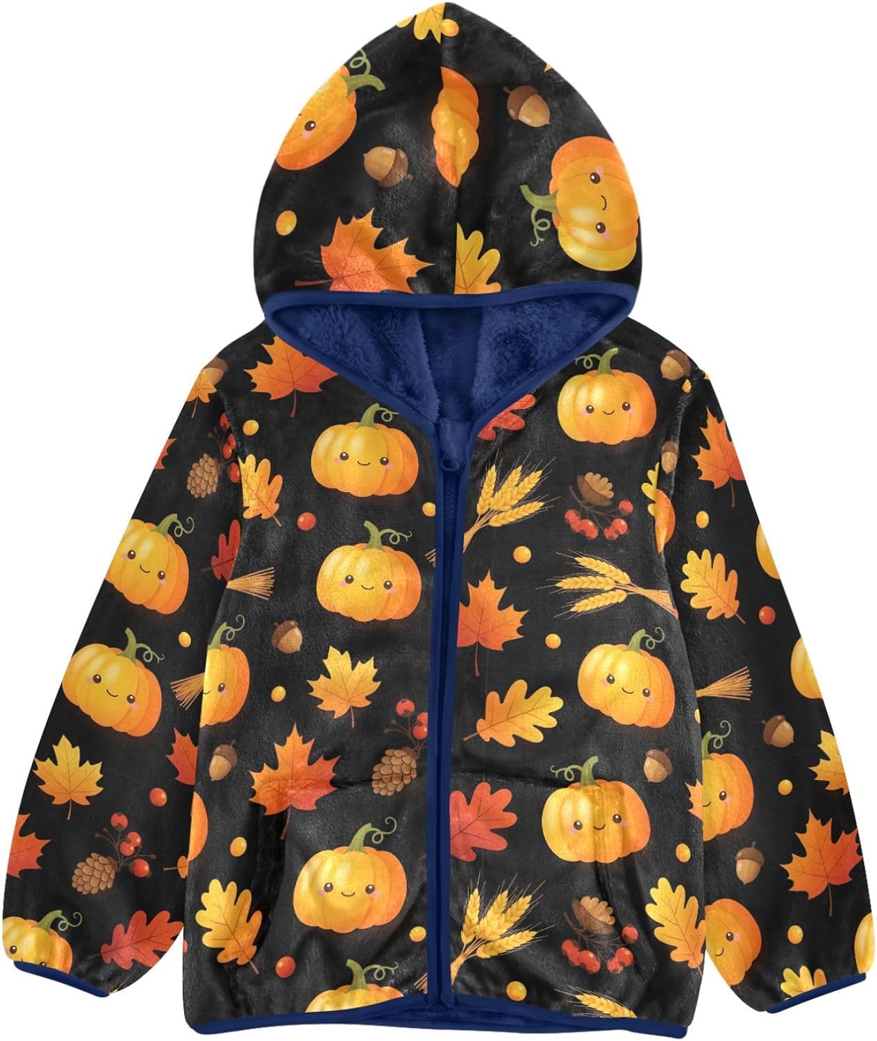 Autumn Pumpkin and Leaf Toddler Fleece Zip Up Children Plush Lined Navy Blue Baby Boy Girl Clothes
