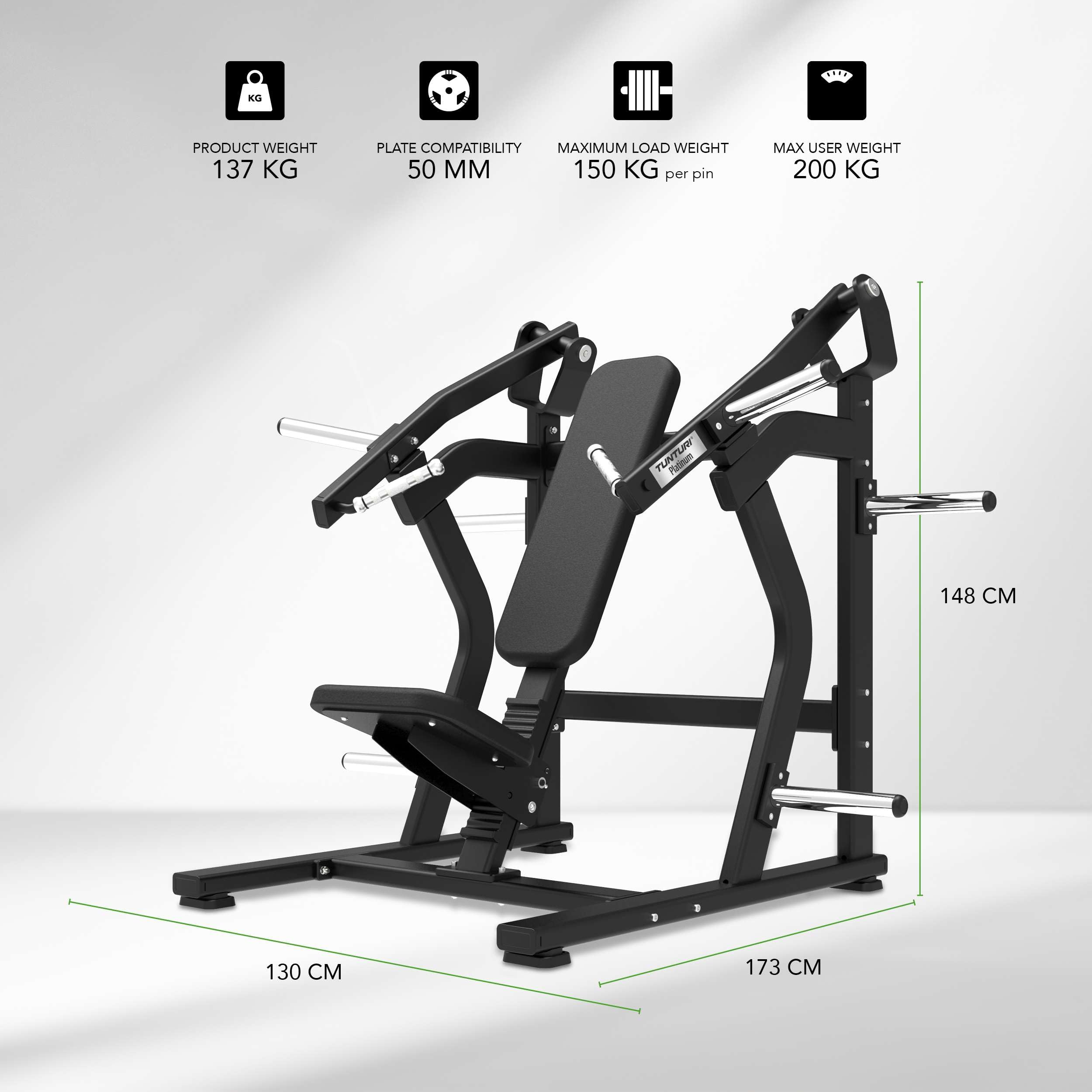 Tunturi Platinum Incline Chest Press Kraftstation – Fitnessmaschine für Brusttraining – Plate Loaded Homegym – 200 kg Maximales Gewicht – V-Serie