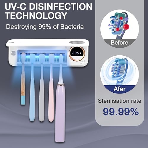 Miniatura 3 de Limpiador de cepillos de dientes, soporte para cepillos de dientes con ventilador seco y función de temporizador, montado en la pared, se adapta al