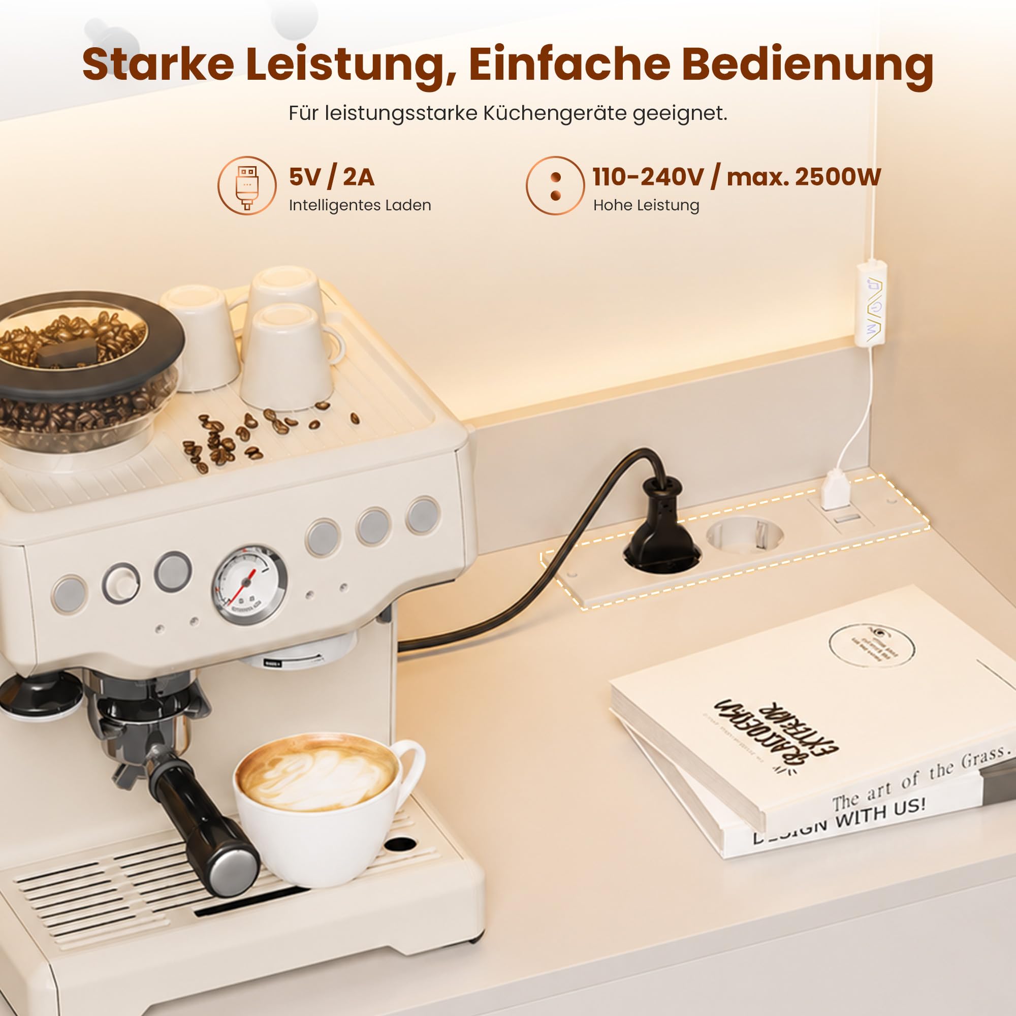YOUDENOVA Küchenschrank Sideboard mit LED & Steckdose, Weiß | Buffetschrank mit Arbeitsplatte, Schublade, LED, Steckdose und verstellbaren Einlegeböden für vielseitigen Stauraum.