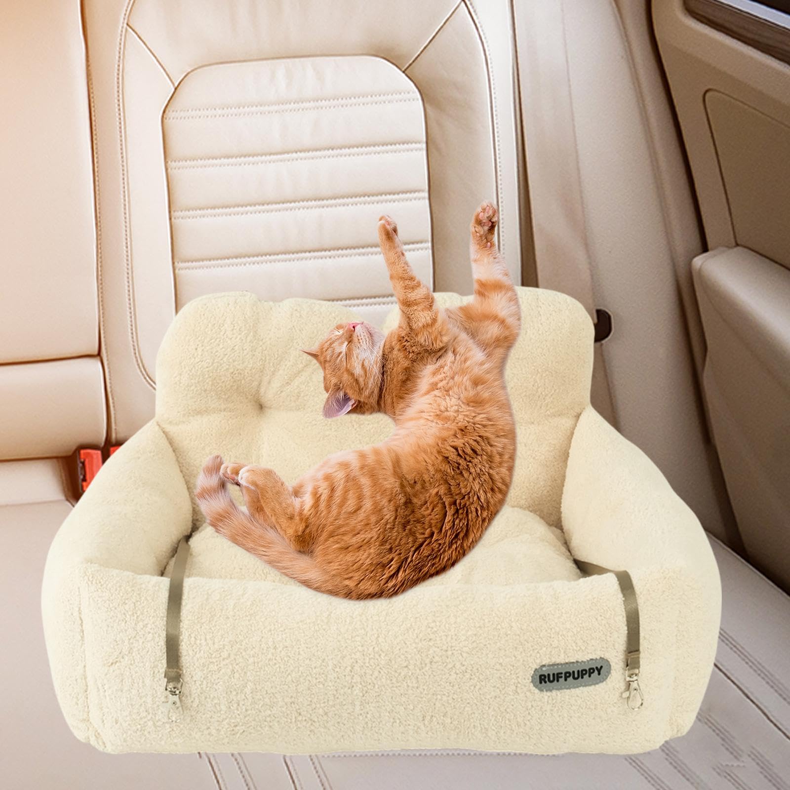 Asiento para Mascotas Cama SUV Coche Perro Asiento Lavable Antideslizante Correas Dobles Transportín Portátil Adecuado para Viaje Auto Acampada, Beige S
