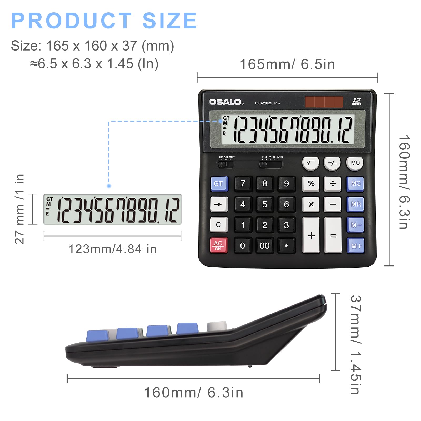 OSALO Calculatrice de bureau extra large grand écran LCD 12 chiffres comptabilité bouton réponse géant batterie solaire