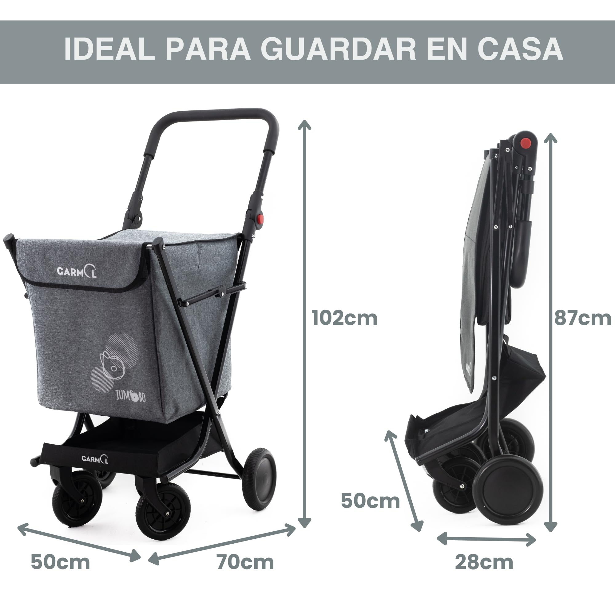 GARMOL Carro de la Compra Plegable 66 litros | Carro de la Compra 4 Ruedas Gran Capacidad | Carrito Compra 4 Ruedas Plegable Color Gris