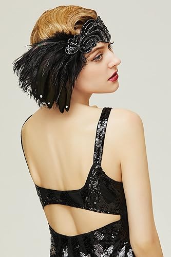 Miniatura 4 de BABEYOND Diadema tipo flapper de los años 20, accesorio de Gatsby de plumas negras