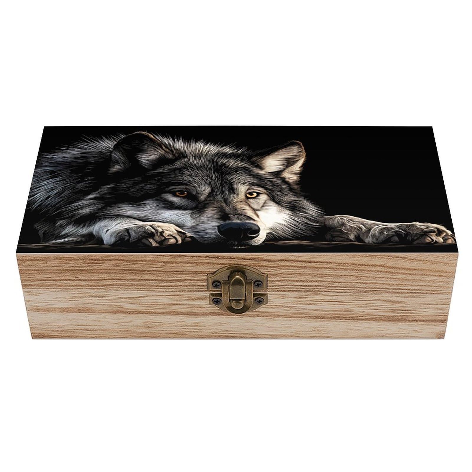 SMAZDFXX Wolf Wooden Keepsake Box Vintage Solid Wood with Hinged Lid 7.9"×3.7"×2.3" Metal Latch Rustic Home Decor for Jewelry Photos And Trinkets