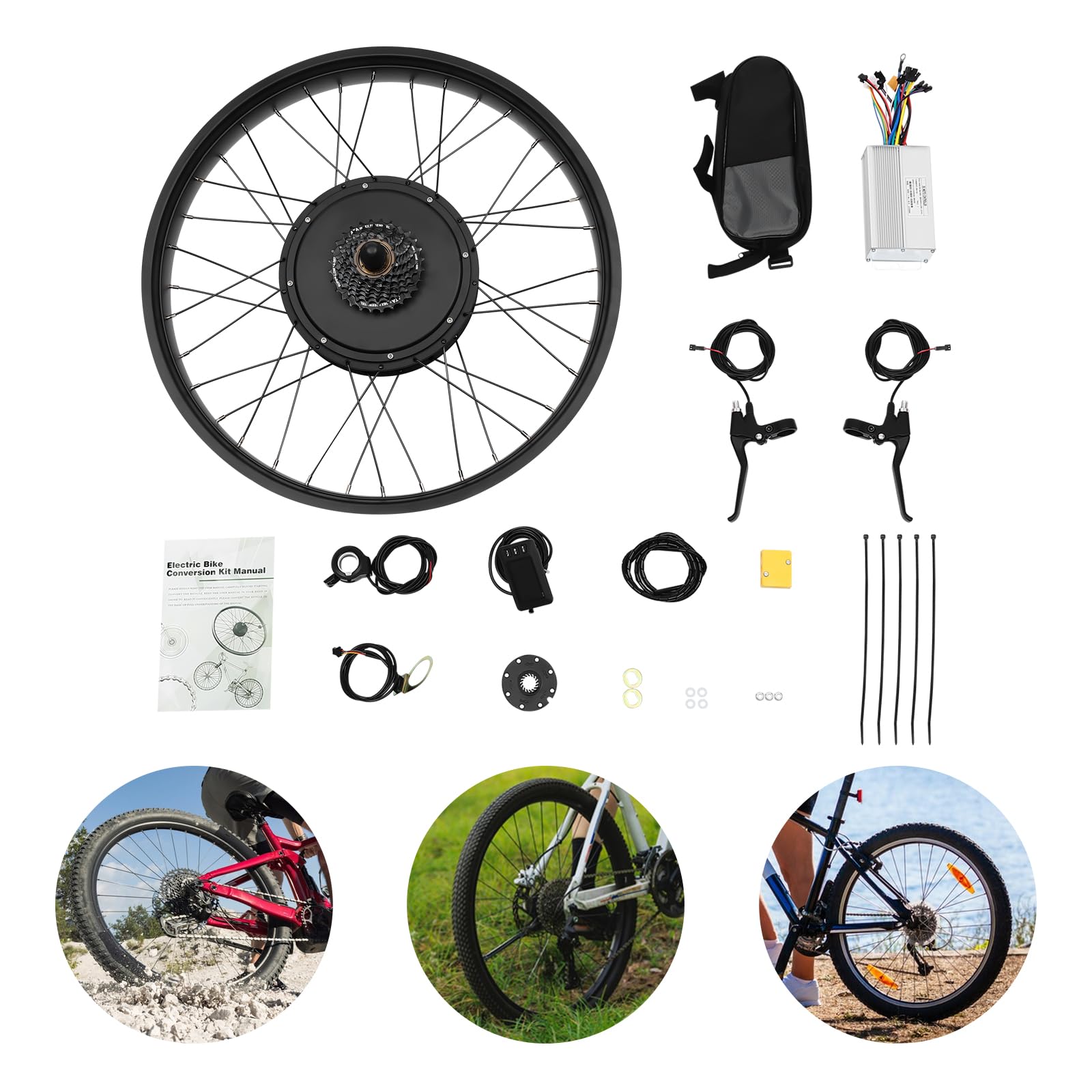 26 Zoll 48V Ebike Umbausatz 1000W Elektrofahrrad Umbausatz Heckmotor Elektrofahrrad Conversion Kit 26.1-31.07km/h, 5-Stufen PAS, Tempomat, LCD-Display, Controller-Paket für Scheiben-/V-Bremse