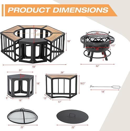 Miniatura 2 de Joyside Fogata de 51 pulgadas con parrilla y mesas auxiliares de grano de madera, hoguera de leña al aire libre con tapas, póker de fuego y mesas