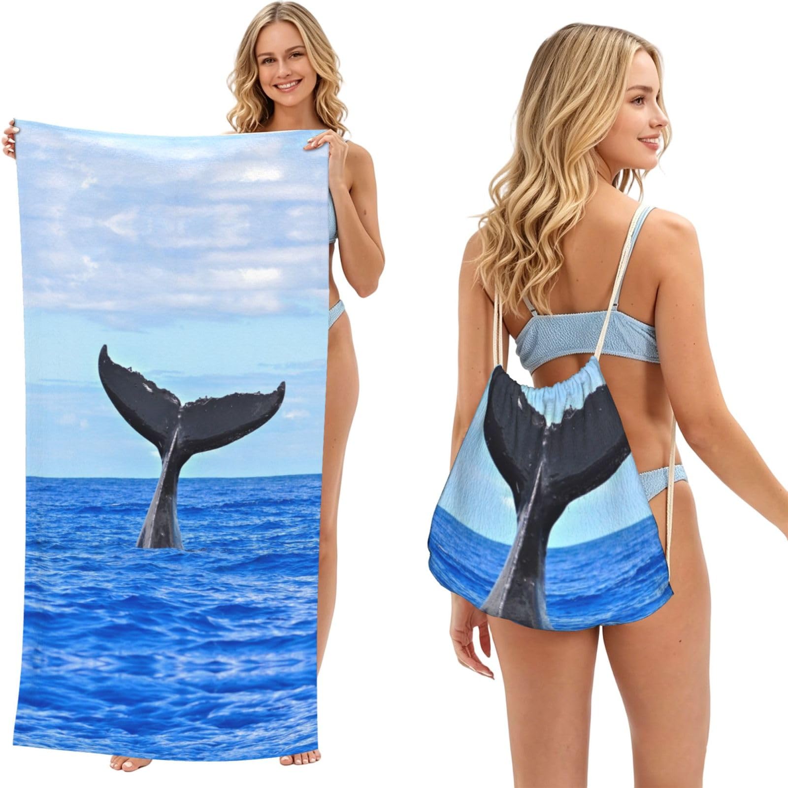 ESNAIUVCD Whale Tail Print Beach Towel For Adults,Towel With Drawstring Bag, Travel Pool Swimming Sports Shower Sand Free Quick Dry Bath Towel For Pool, Beach, Yoga- 180x60cm