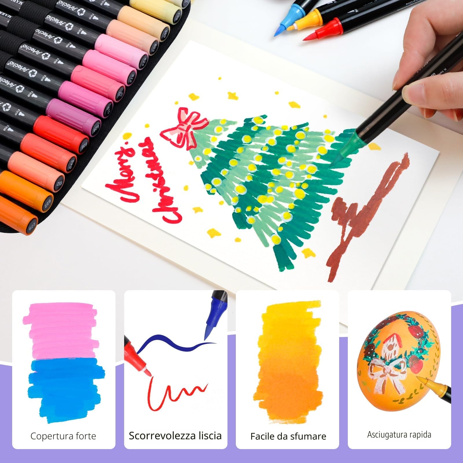 Artecho Pennarelli acrilici in 48 colori con borsa, penne acriliche con punta a pennello e punta fine per pietra, pittura su roccia, carta, zucca, legno, uovo, tela, ceramica, tessuto, pelle, vetro