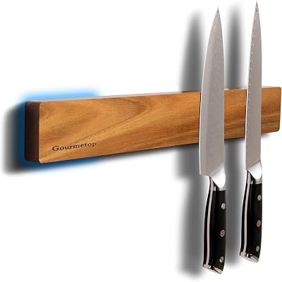 Gourmetop Magnetic Knife Holder for Wall 16”, Acacia Wood, No Drill Fridge