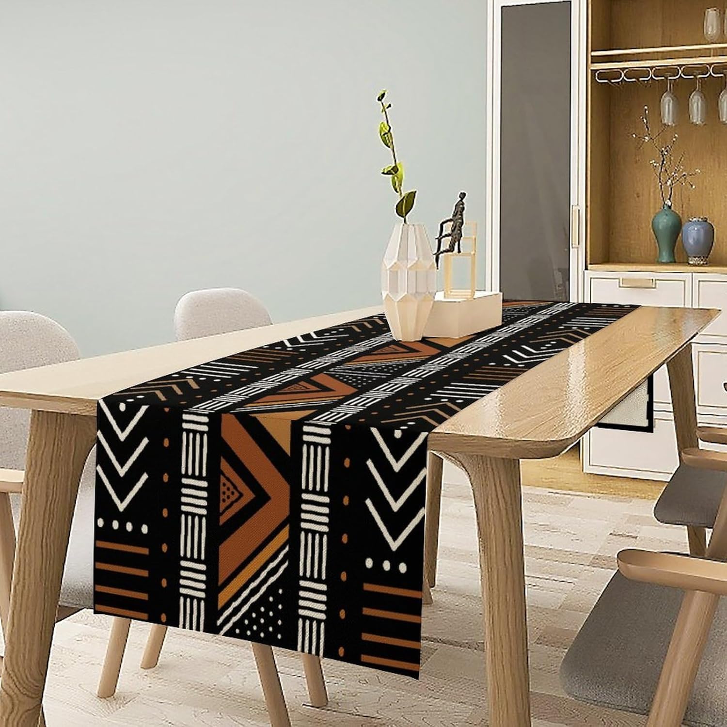 African Geometric Tribal Table Runner Vintage Abstract African Traditional Mud Cloth Pattern Seasonal Summer Holiday Dinner Runner for Farmhouse Kitchen Dinner Table Holiday Party Decor 13"x108"