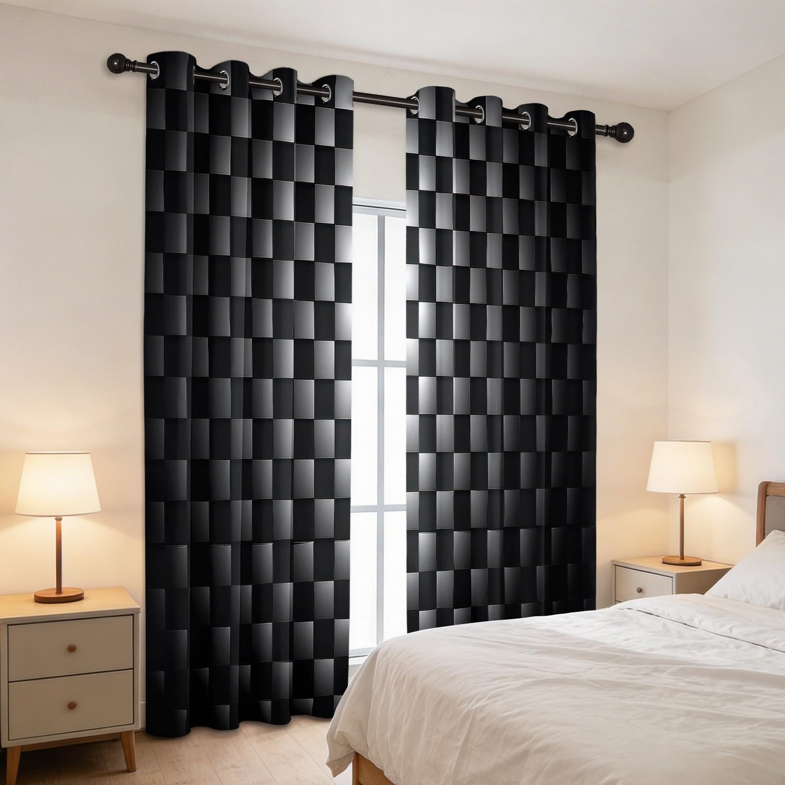 CozyRest Rideaux occultants Style technologique 280 x 245 cm, Motif Carreaux Noir Gris Géométrique Rideaux à œillets pour Chambre d'enfant Décoration de fenêtre Isolation Thermique (2 Panneaux)
