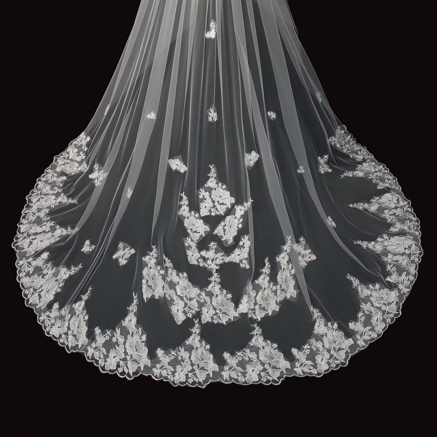 Cathedral Length Wedding Bridal Veils 2 Tier Floral Lace Tulle Veil with Comb for Brides