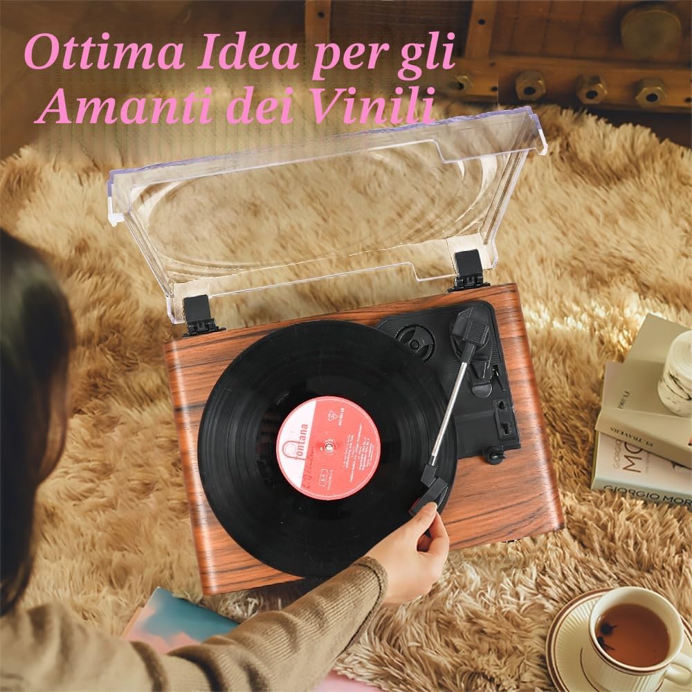 Udreamer Giradischi Bluetooth con Altoparlante, USB, AUX-in, Cuffie, RCA, Line-Out, 3 Velocità, Cinghia, Auto-Stop, Design Specchio, Arancione Giallo