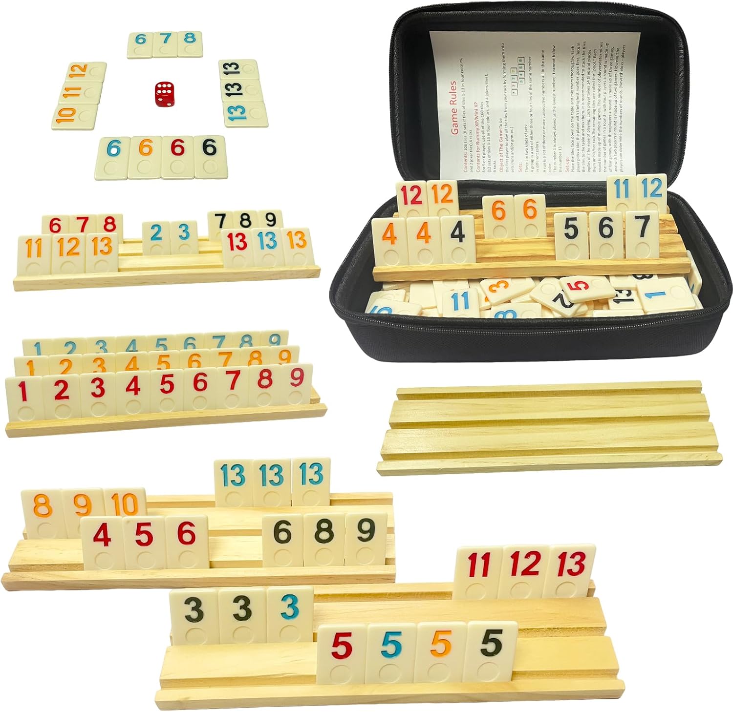 Jeux de société Rummy Cube pour 2 à 6 joueurs avec 6 étagères en bois, 160 carreaux en mélamine