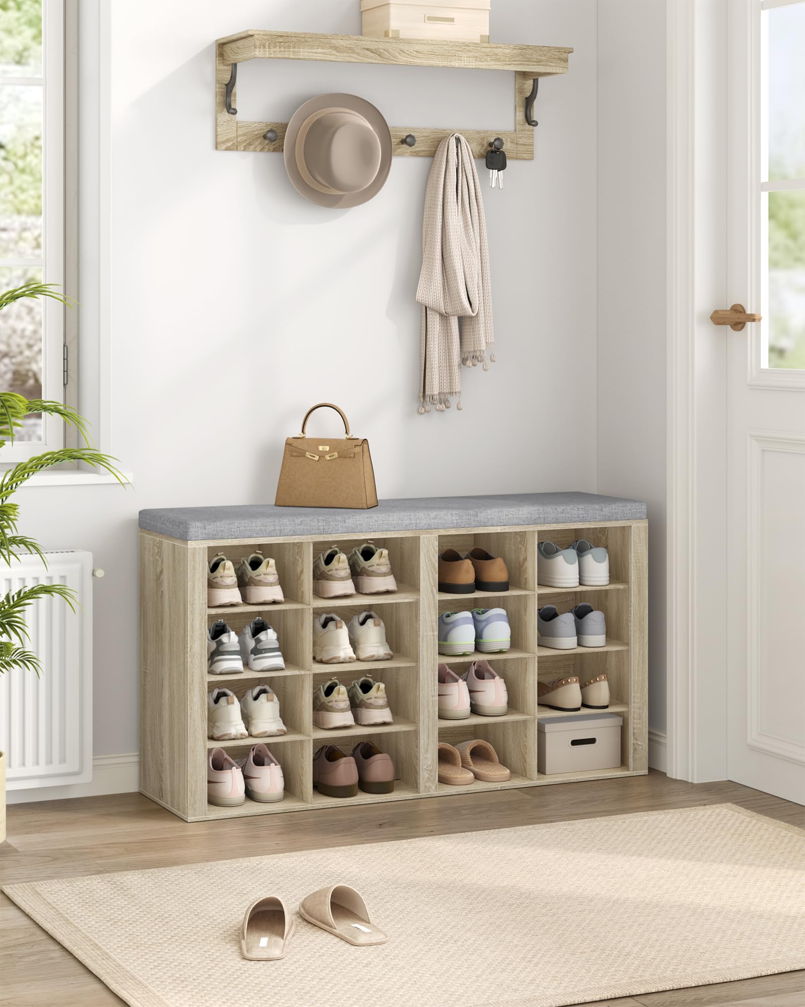 Hzuaneri Banc à Chaussures, 16 Compartiments, Chêne | Support à Chaussures avec Siège, Banc avec Rangement, Coussin, Pour Salon, Couloir, Chambre, SB25616GY