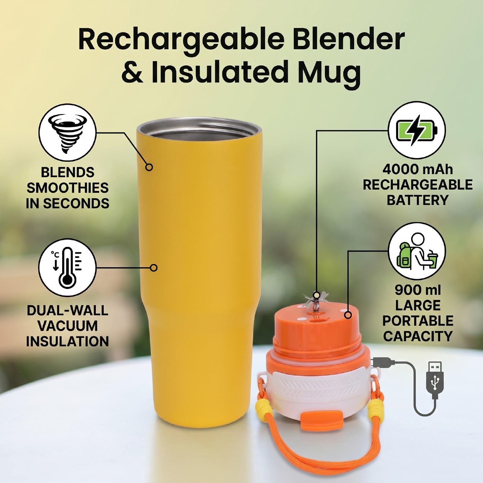 Kabelloser Mixerbecher aus Edelstahl, 900 Ml, Isolierter Reisebecher, USB Wiederaufladbar, 4000 MAh, Persönlicher Smoothie-Maker Zum Zerkleinern von Eis, Heiße Kalte Getränke für