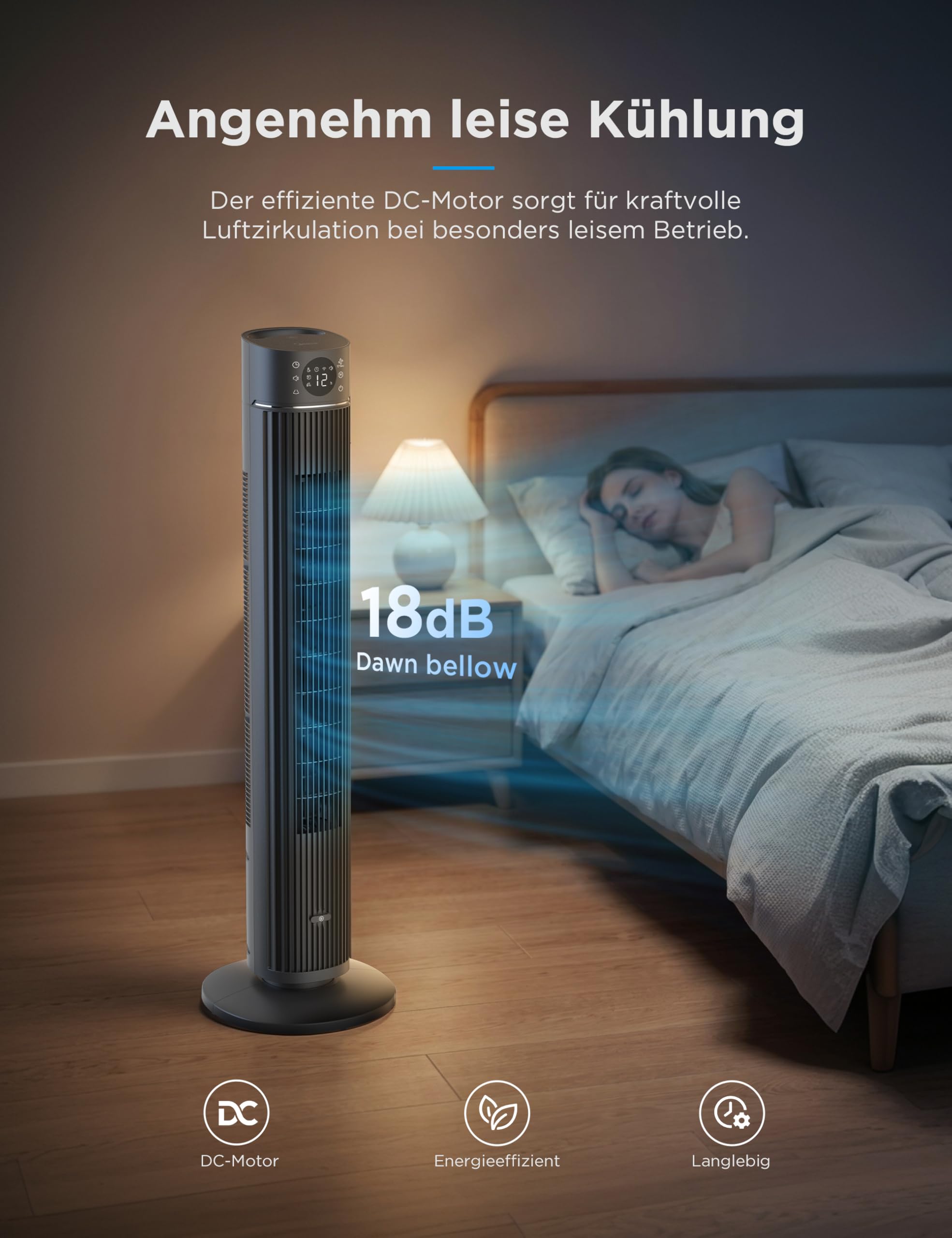 Midea FZ10-26ARDW Smart Turmventilator, 19 dB flüsterleise, DC-Motor, 4 Modi & 12 Stufen, 24h Timer, App-Steuerung, Schwarz, 105cm