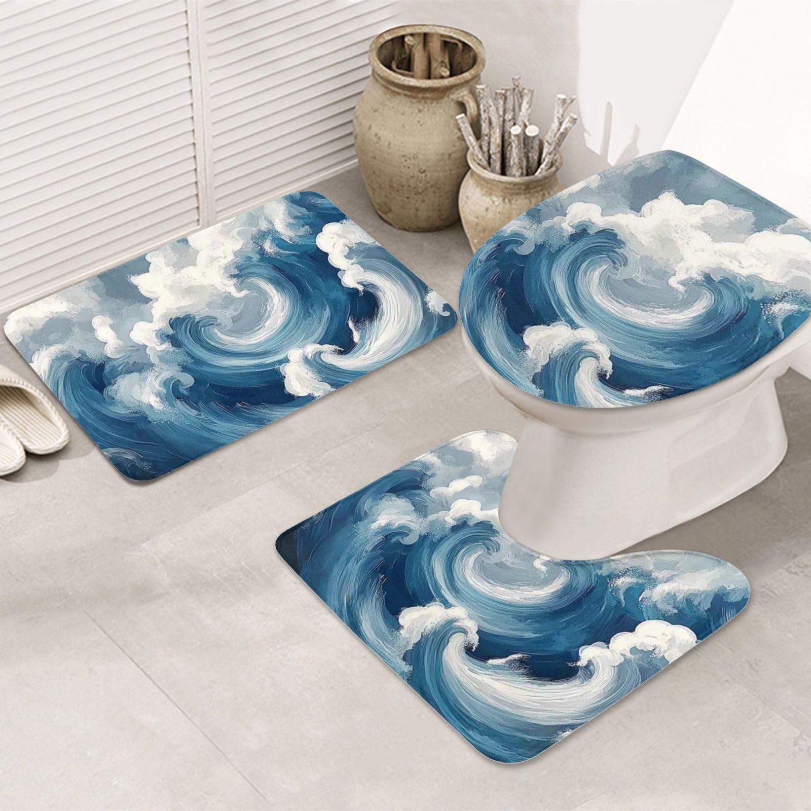 Alfombras de baño con ondas abstractas para decorar aseos modernos y elegantes