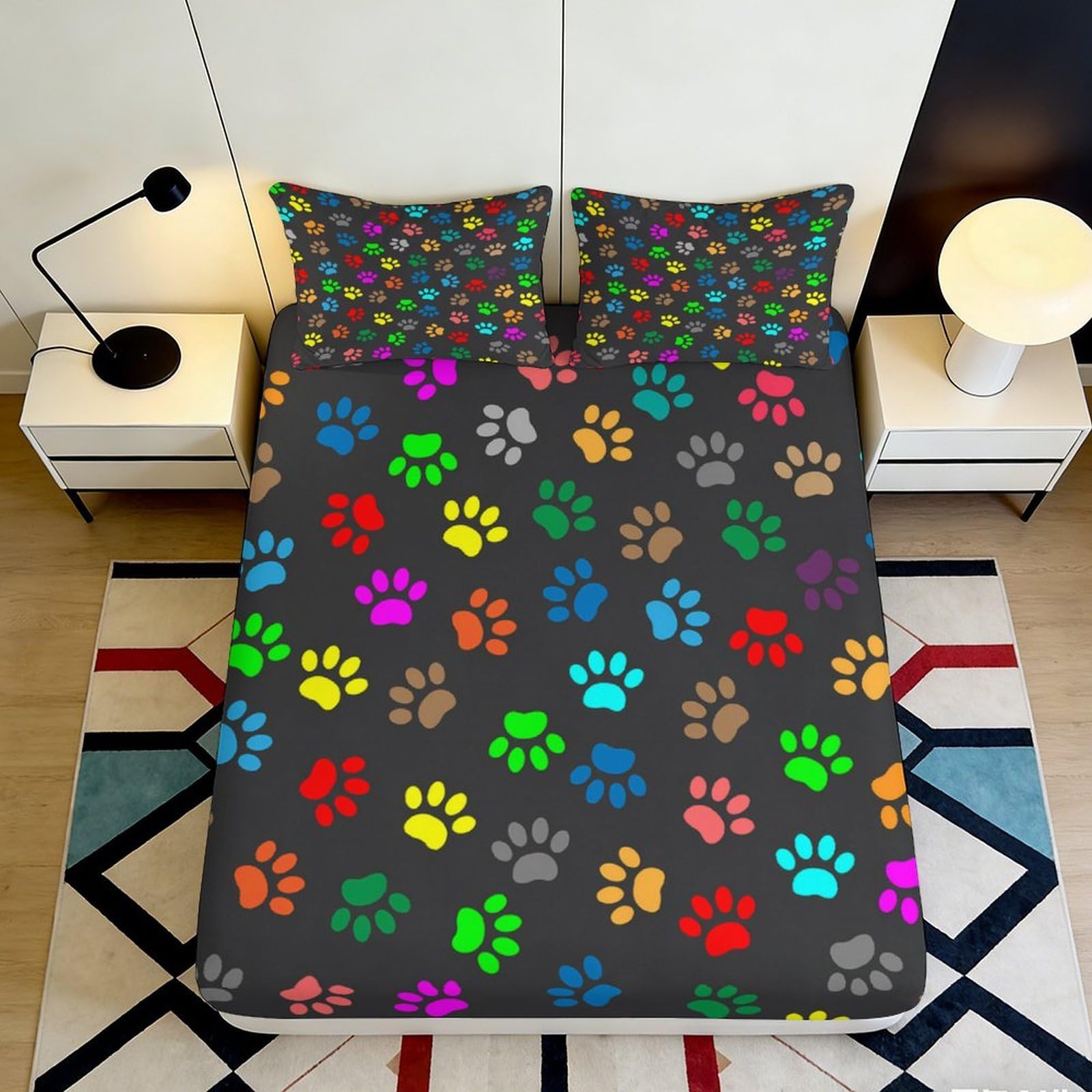 3D Printed Colorful Paw Prints Fitted Sheet Microfiber Soft Breathable Multicolor Paws Bed Cover for Bedroom Dormitory Guest Room Mattress Protection 120x200x25cm