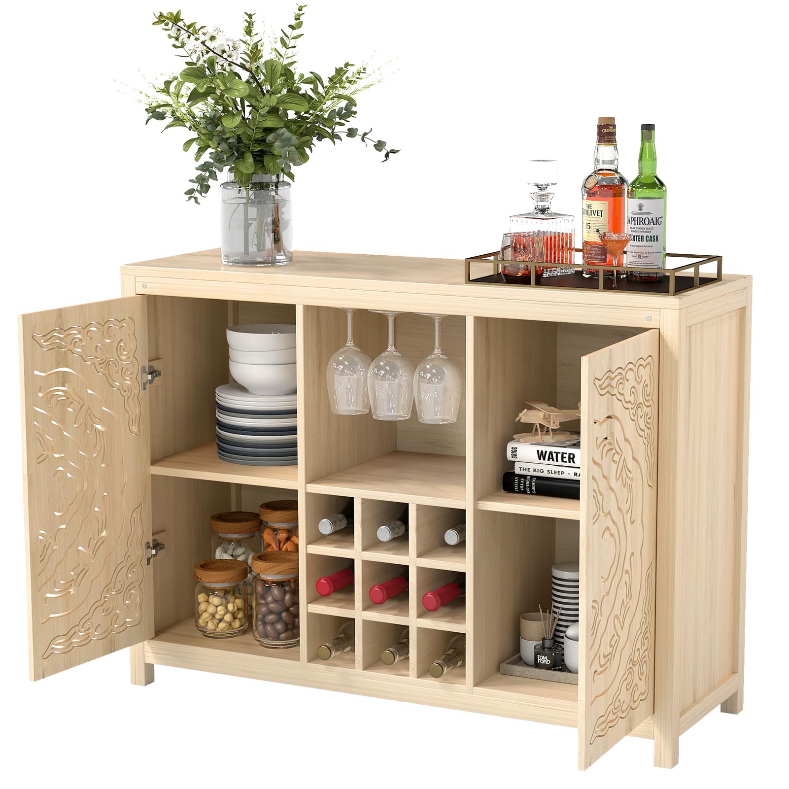 AraSyleon Wine Bar Cabinet with 2 Doors, 47'' Home Coffee Cabinet with Wine Rack and Glass Holder, Buffet Sideboard with Storage for Living Room, Kitchen (Natural Wood)