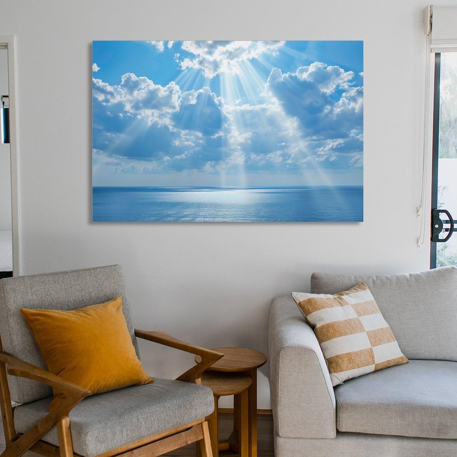 Amazon.co.jp: 絵画 青い空と白い雲の下の青い海 アートパネル