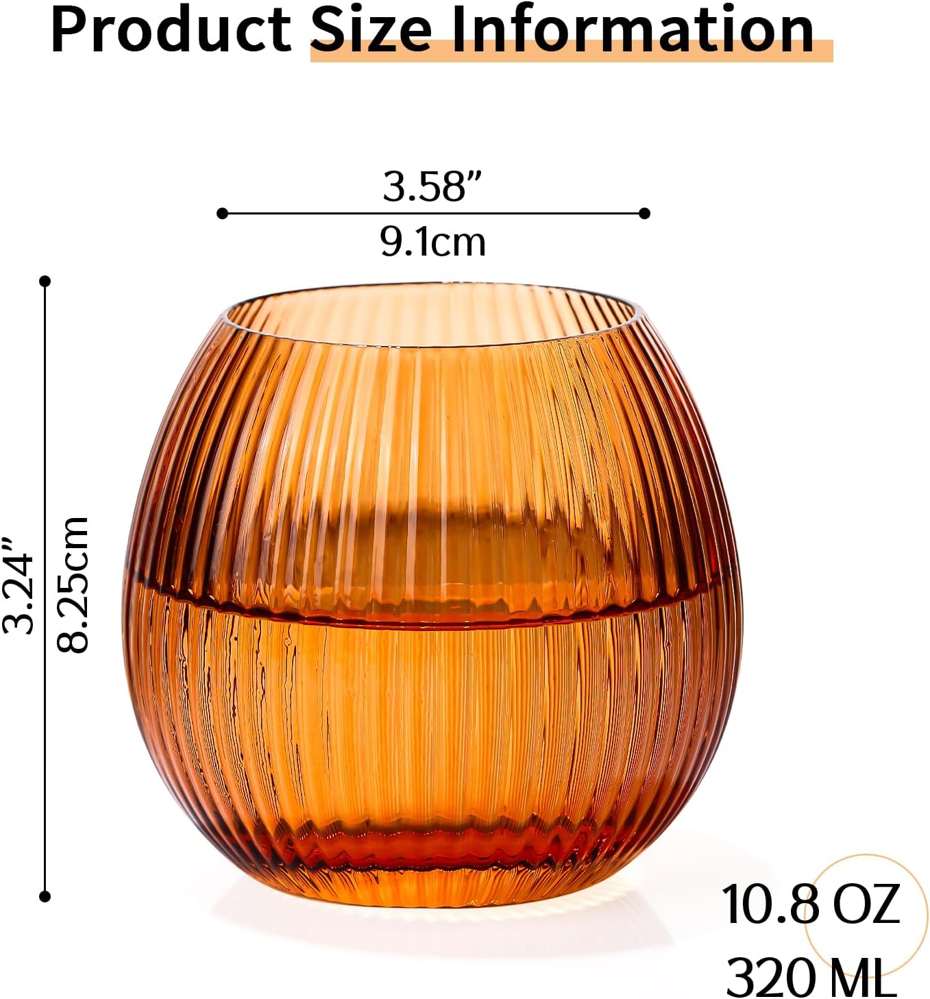 Colored Ribbed Drinking Glasses Set of 6-10.8 OZ Stemless Wine Champagne Whiskey Cocktail Glass, Reusable Wine Cups for Home Party Wedding Bar