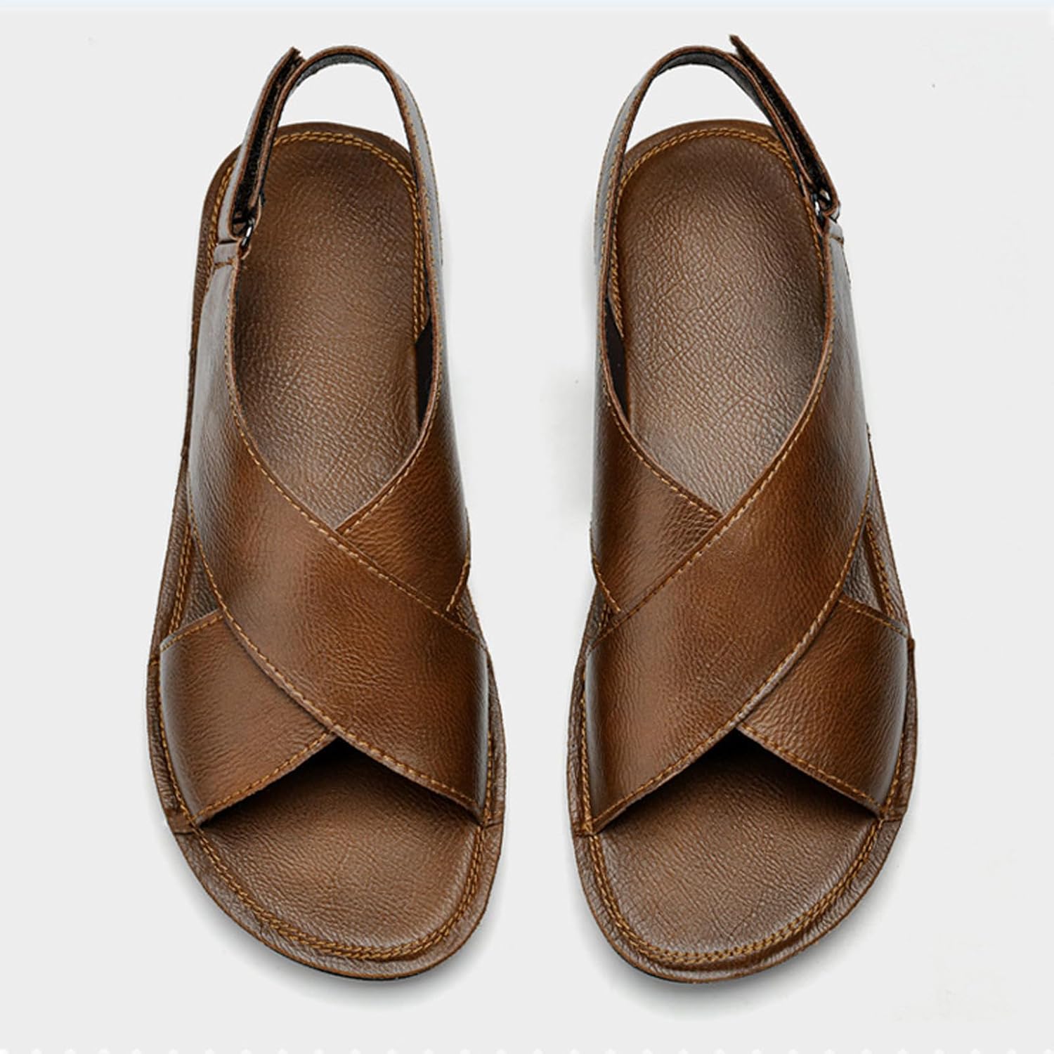 Men's Genuine Leather Handmade Strappy Flat Sandals Adjustable Back Hook and Loop Open Toe Outdoor Sandals Summer Casual Vacation Beach Sandals