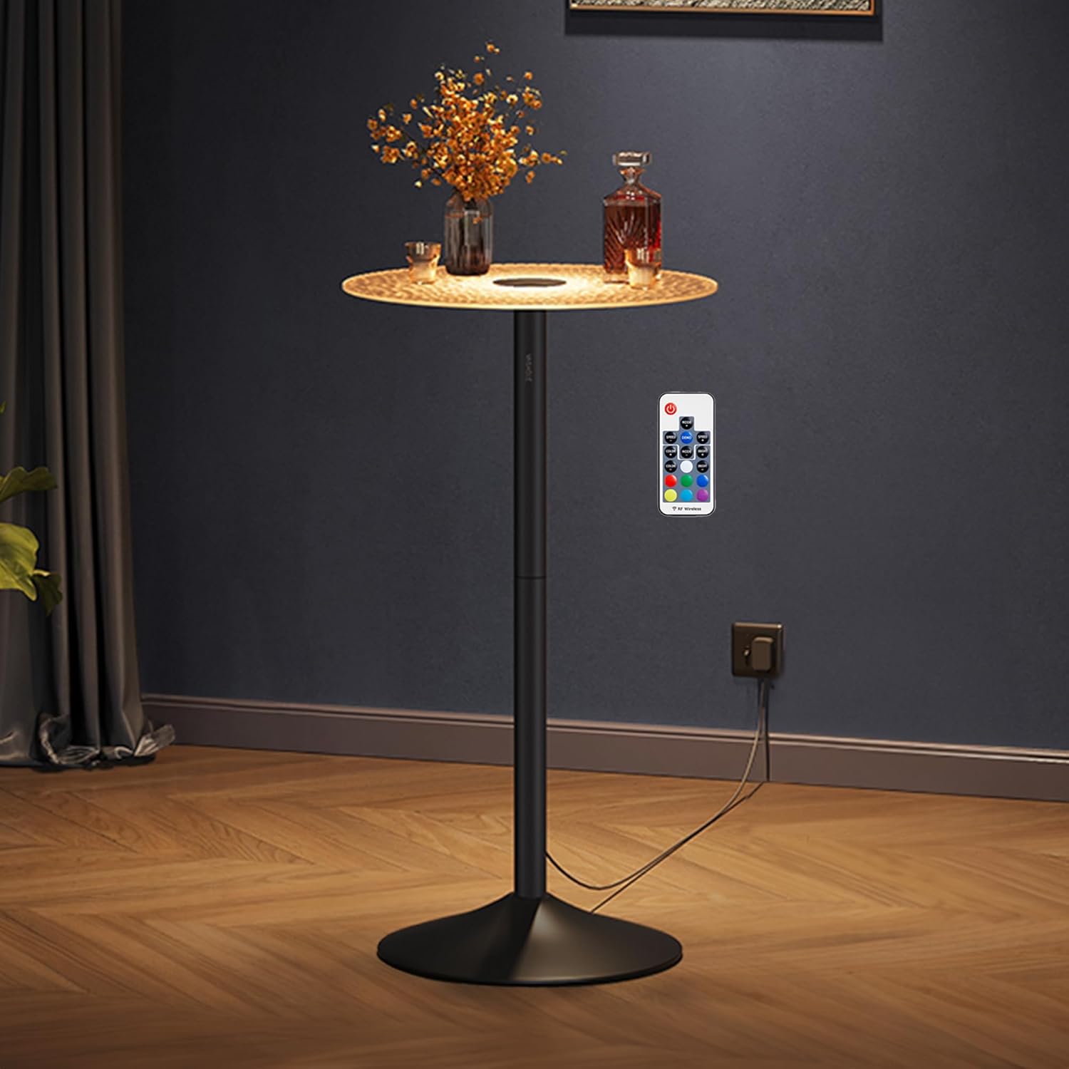 VASAGLE Round Bar Table, 41.3 Inches Tall Cocktail Pub Table with Multi-Colored Lights and Glass Top, Large Steel Base, for Kitchen, Bistro, Parties, Cloud White and Ink Black