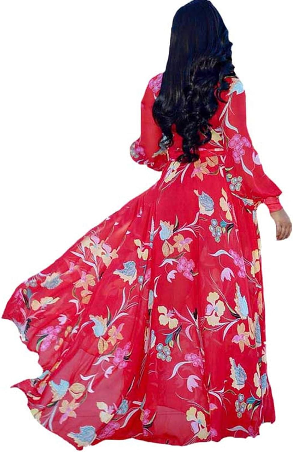 Womens Boho Long Sleeve Spaghetti Strap Deep V Neck Floral Summer Dress Bodycon Maxi Dress