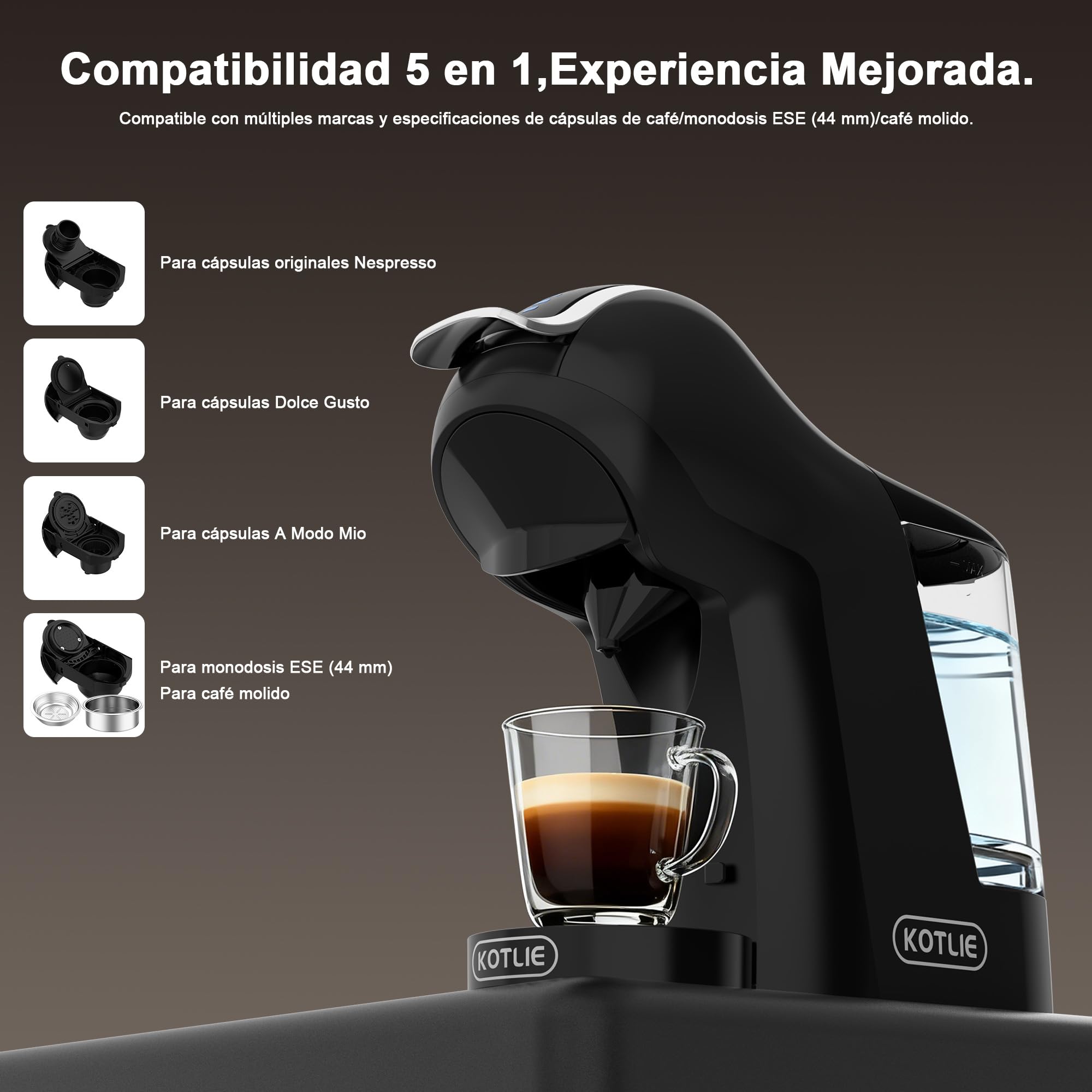 Upgrade Máquina de Cápsulas Café Espresso 5 en 1 19 Bar para Nespresso/Dolce Gusto/LAVAZZA MIO/LOR y Café Molido/ESE, Cafeteras Automáticas Pequeñas con Cápsulas, EM-308B (Negro)