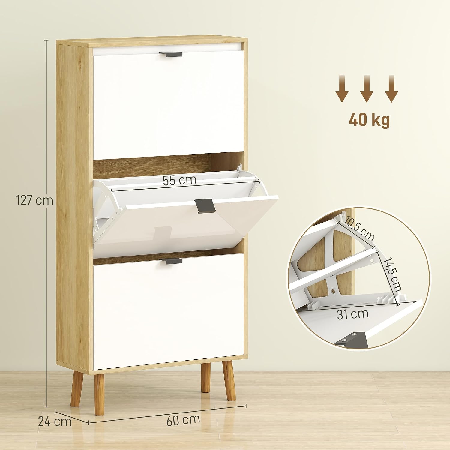 HOMCOM 18 Pairs Shoe Cabinet with High Gloss Door, Narrow Shoe Cabinet with 3 Folding Drawers and Adjustable Shelves, Modern Style, for Hallway, Entrance, 60 x 24 x 127 cm, White