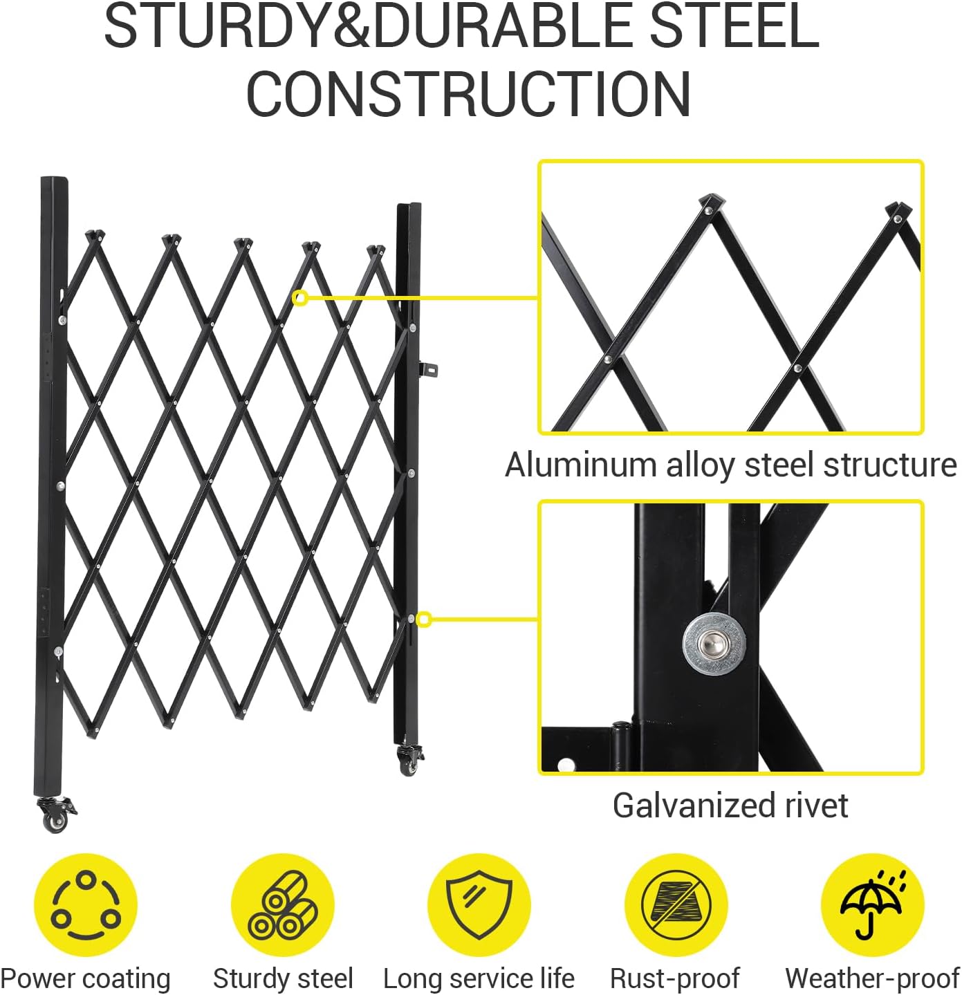 GarveeTech Single Folding Security Gate, 52"H x 42"W Lockable Scissor Gate with 360° Swivel Casters, Heavy-Duty Steel Outdoor Barricade Retractable Gates for Courtyards, Garages, Gardens, Pool