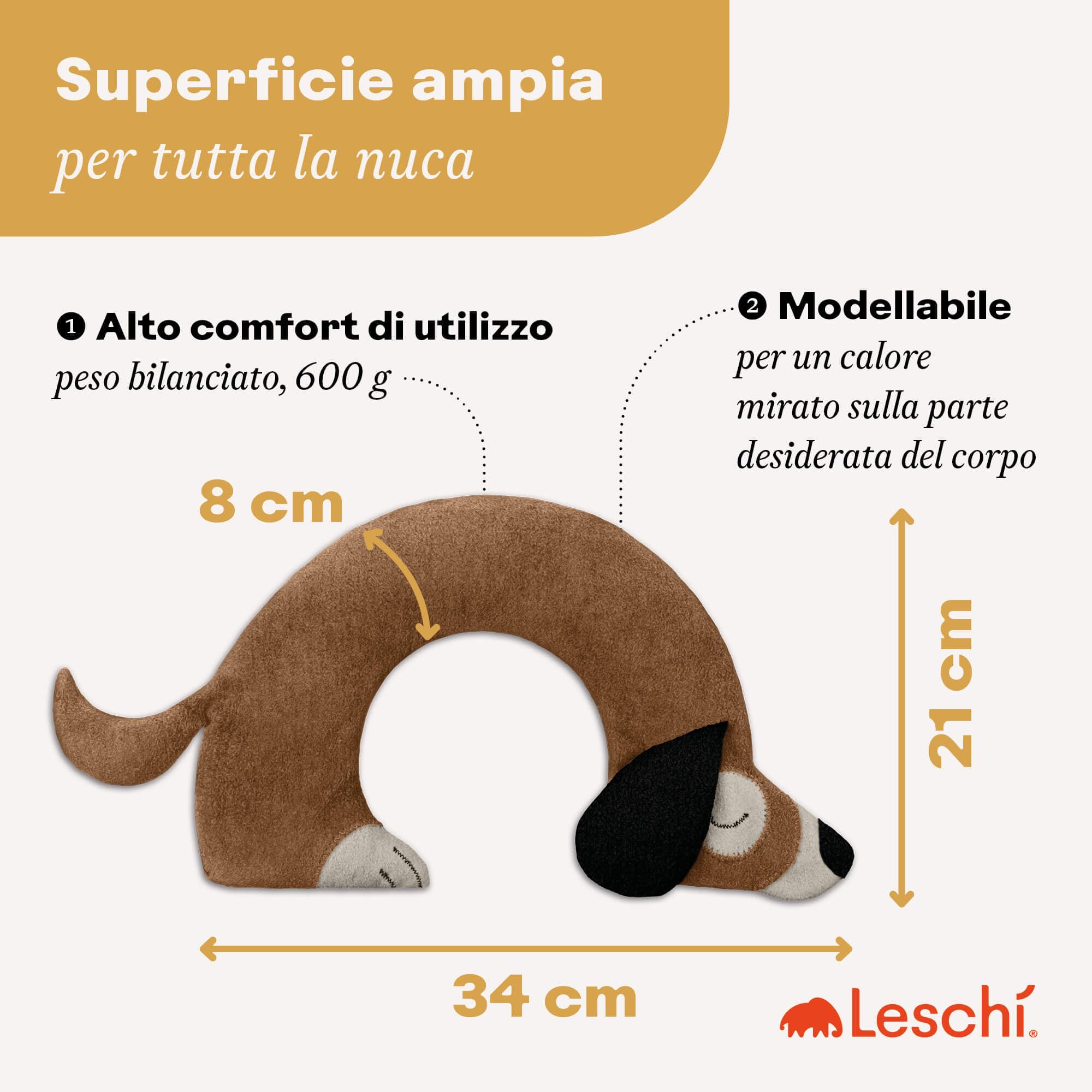 LESCHI Cuscino cervicale termico per microonde - 100% cotone e grano biologico - Cuscino riscaldante ideale per sciogliere tensioni a collo, spalle e schiena - Cane, beige