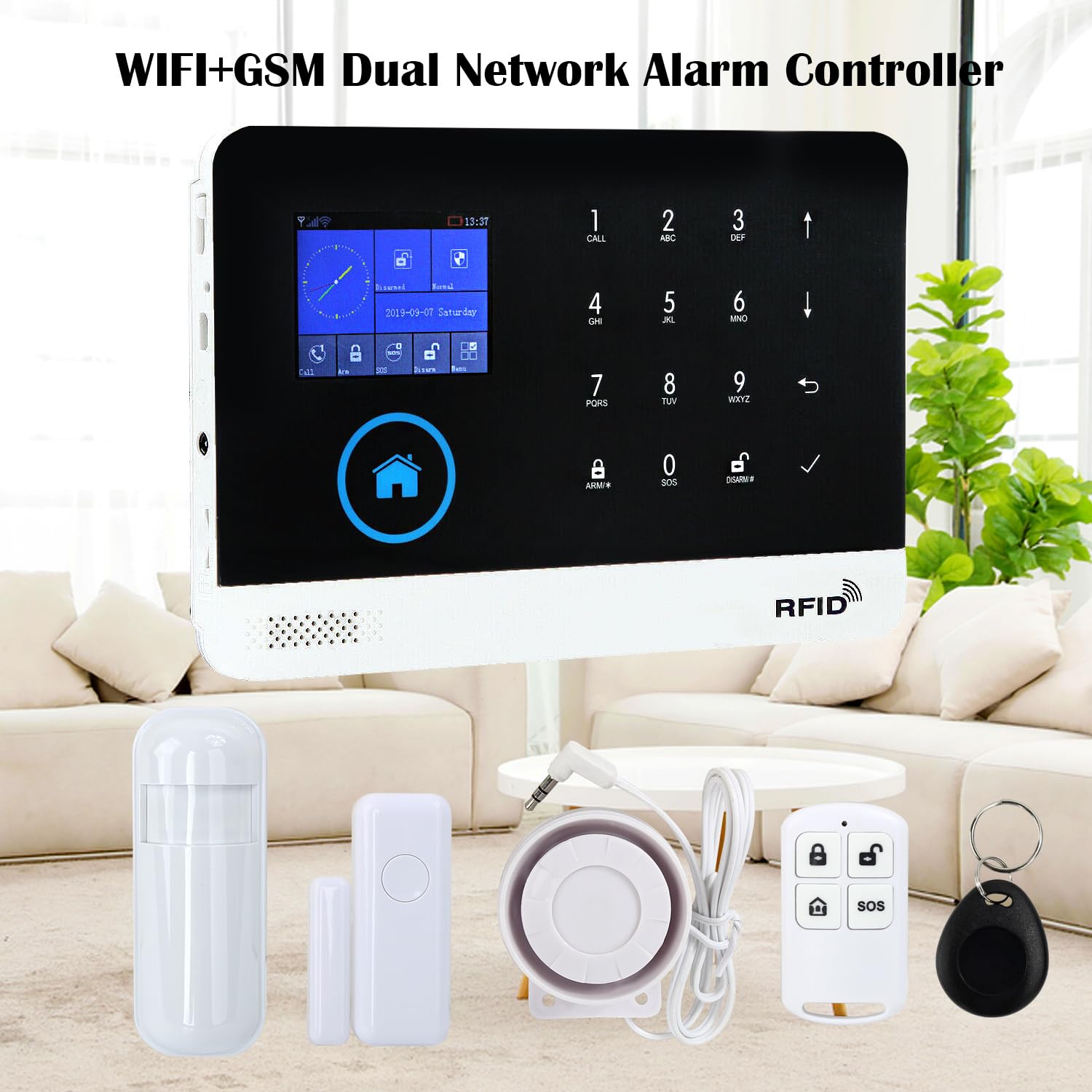 Discoball Système d'alarme de sécurité sans fil avec détecteur de mouvement, capteur de porte/fenêtre et télécommande, fonctionne avec Smart Life, application Tuya et Alexa, sans frais mensuels (kit