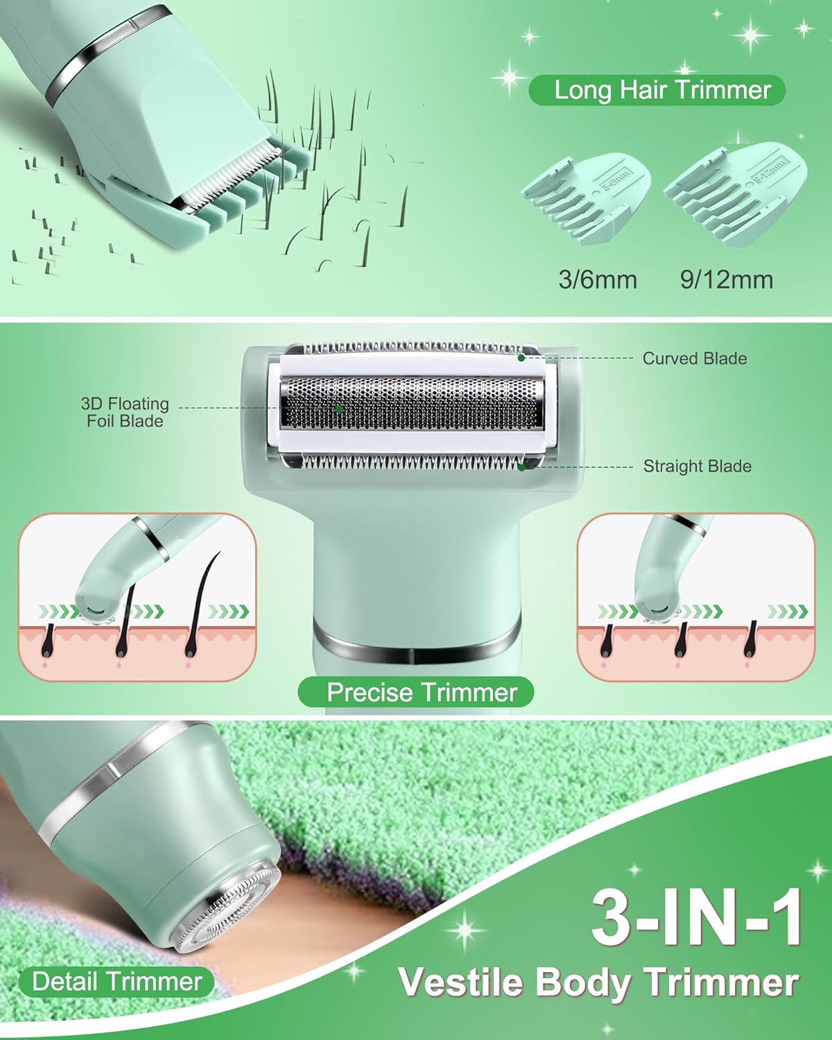 AREYZIN Bikini Trimmer for Women, 3-in-1 Electric Shaver for Women, Electric Razors and Body Shaver, IPX7 Waterproof, USB-C Charging, Travel Trimmer for Face, Legs, Bikini Line & Foil, Light Green