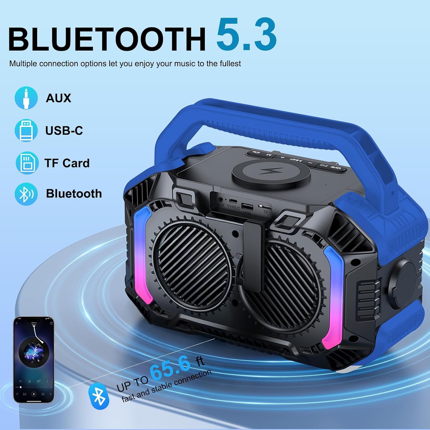 Speakers Bluetooth Wireless, 100W Portable Bluetooth Speaker with Bass, IPX7 Waterproof & Floatable, 20H Playtime, RGB Light, Loud Speakers with TWS for Work, Outdoor, Garage(Blue) image 3