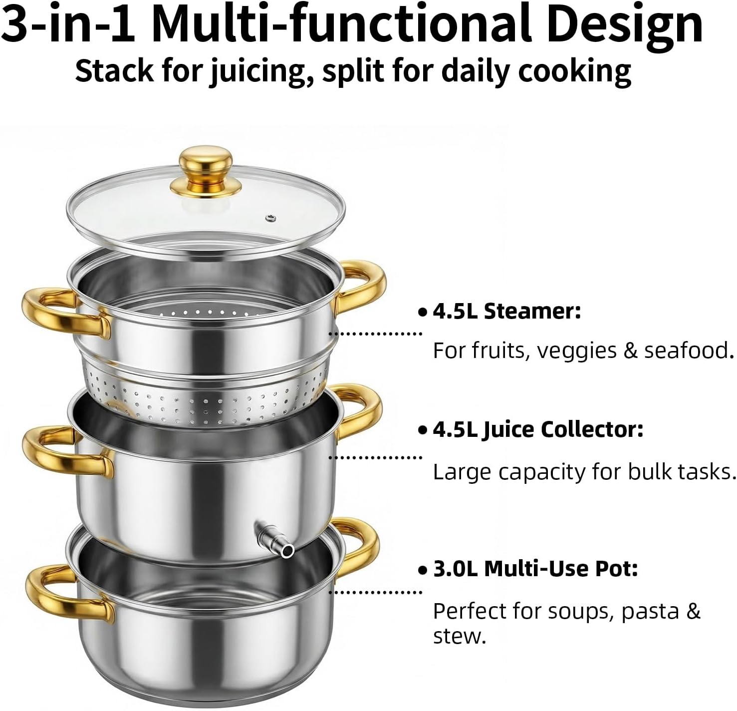 Steam Juicer Extractor Stainless Steel, 5Qt Juice Steamer Pot for Fruit & Vegetables with Glass Lid, Hose, Clamp, Loop Handles, Ideal for Making Fresh Juice, Jelly, and Sauces